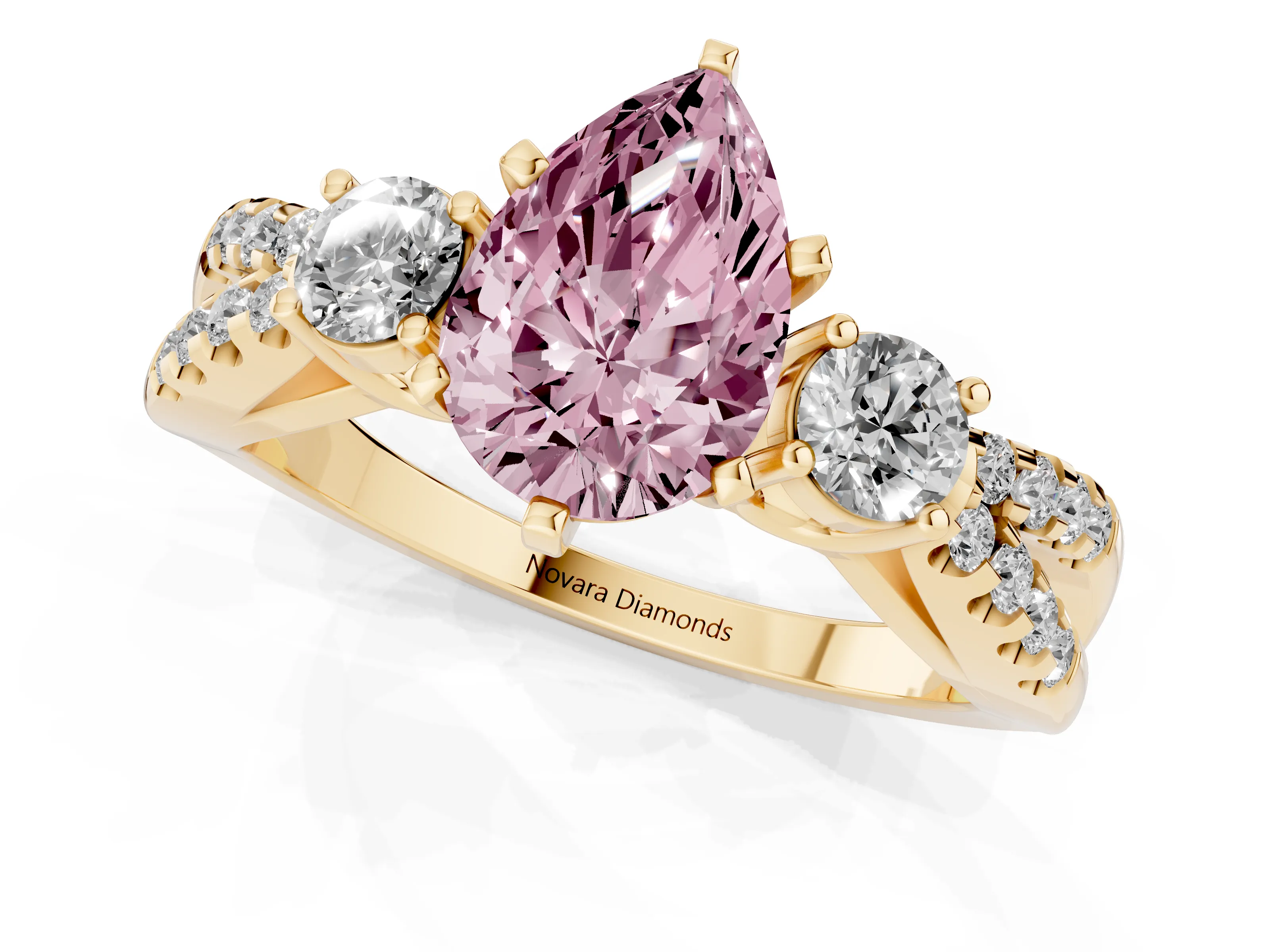 Fancy Pink Pear Cut Diamond Three-Stone Ring Set in Yellow gold with Pavé Split Shank and Prong Setting