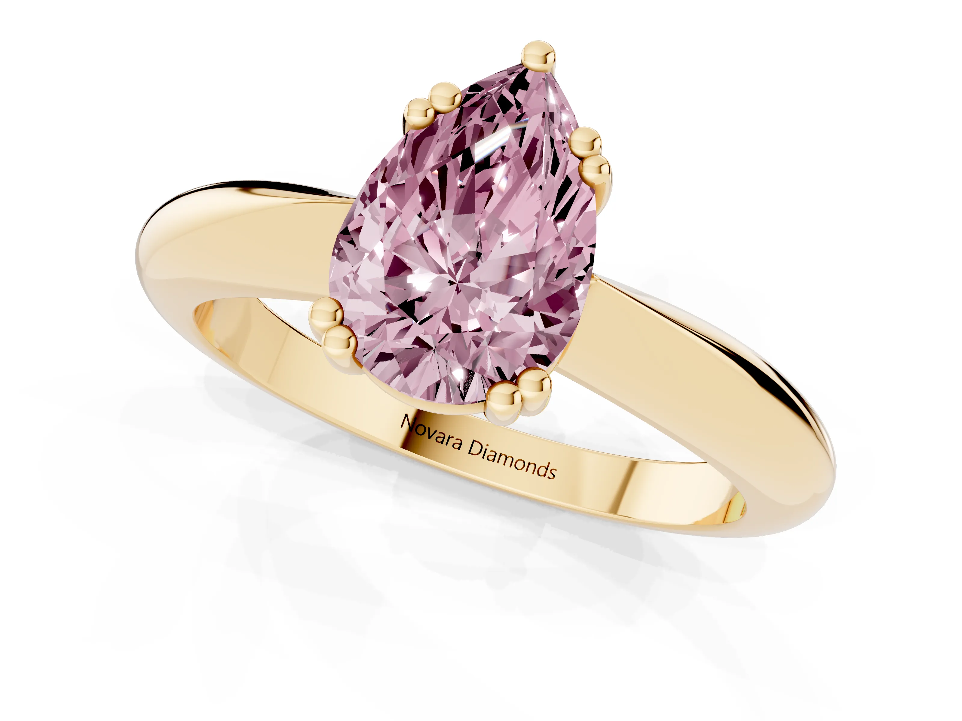Fancy Pink Pear Cut Diamond Solitaire Engagement Ring Set in Yellow gold with Tapered Band and Prong Setting