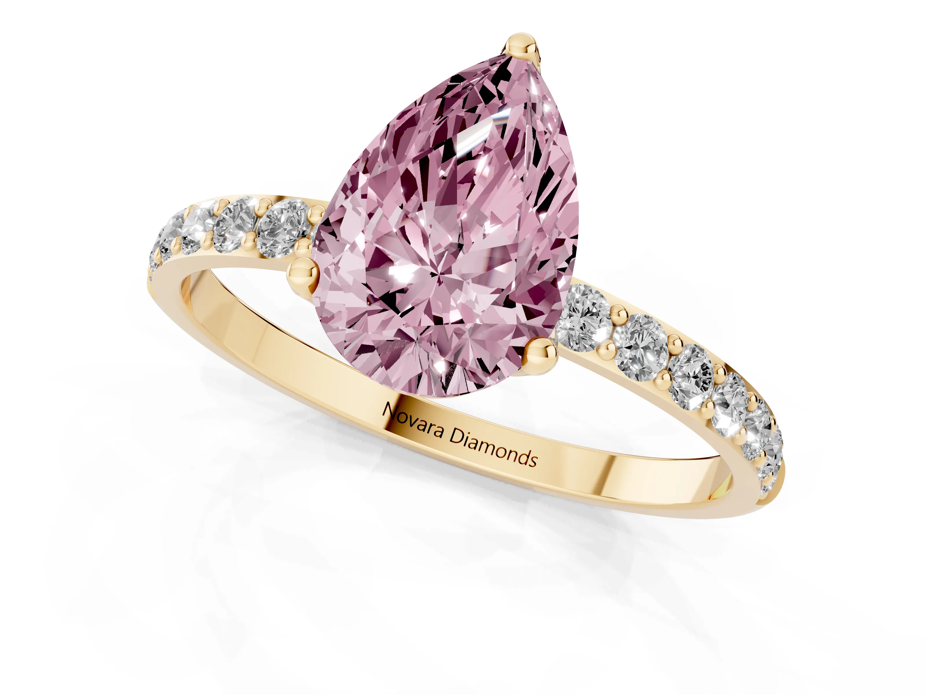 Fancy Pink Pear Cut Diamond Solitaire Engagement Ring Set in Yellow gold with Round Pavé Band and Prong Setting