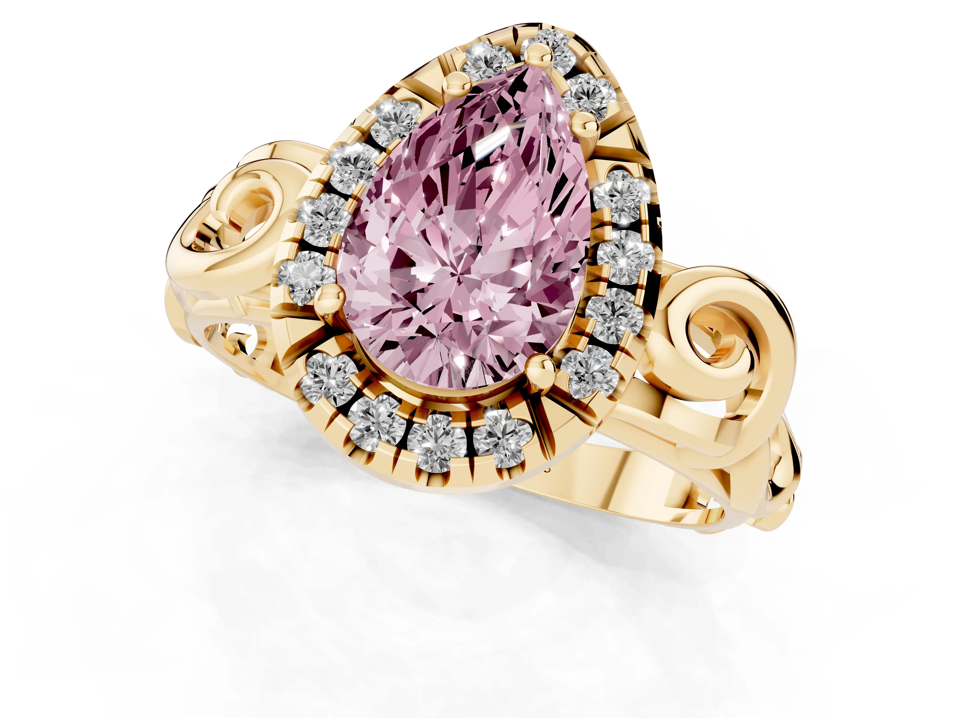 Fancy Pink Pear Cut Diamond Halo Ring Set in Yellow gold with Scrollwork Band and Prong Setting
