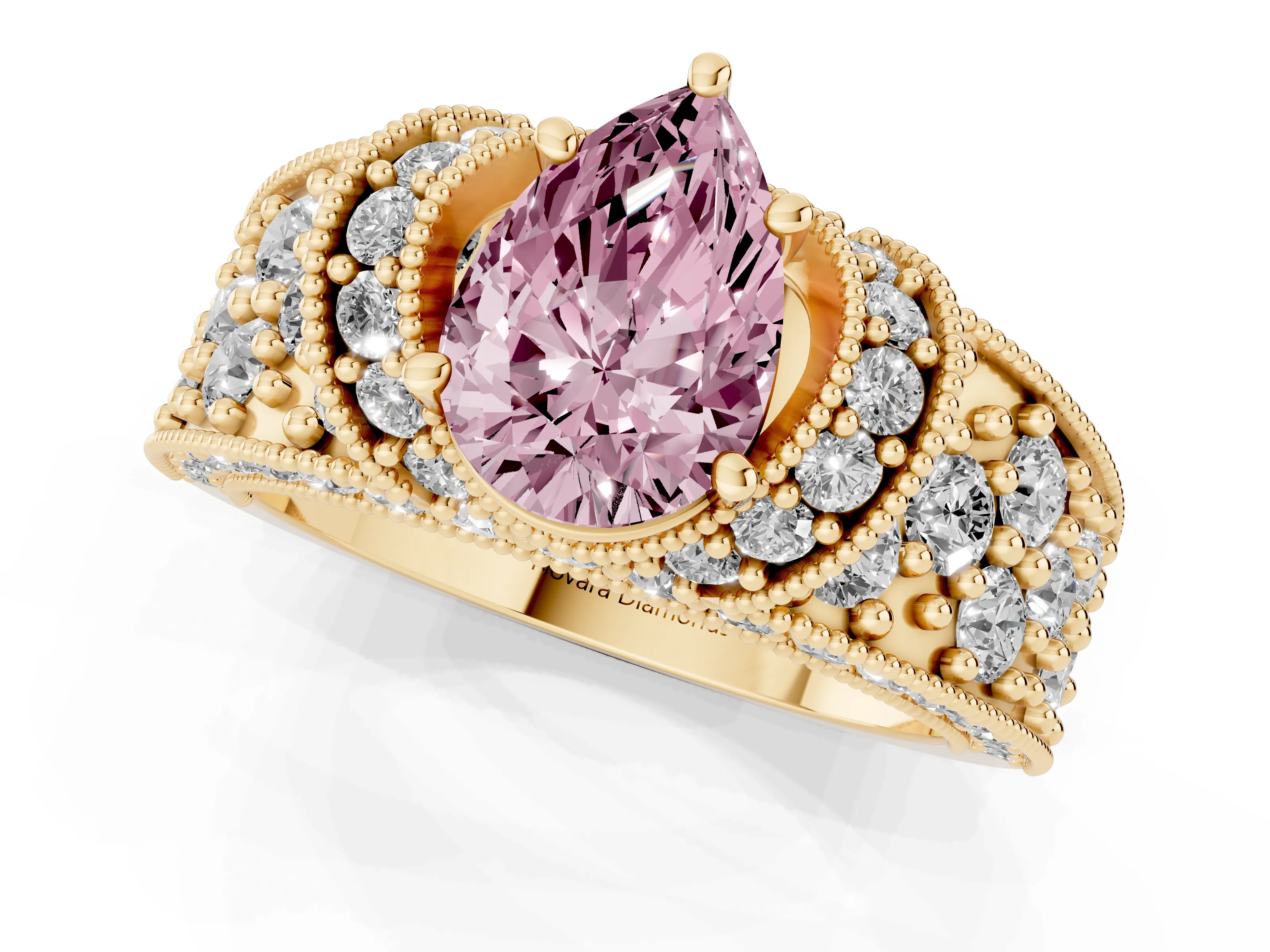 Fancy Pink Pear Cut Diamond Milgrain Halo Pavé Engagement Ring Set in Yellow gold with Prong Setting