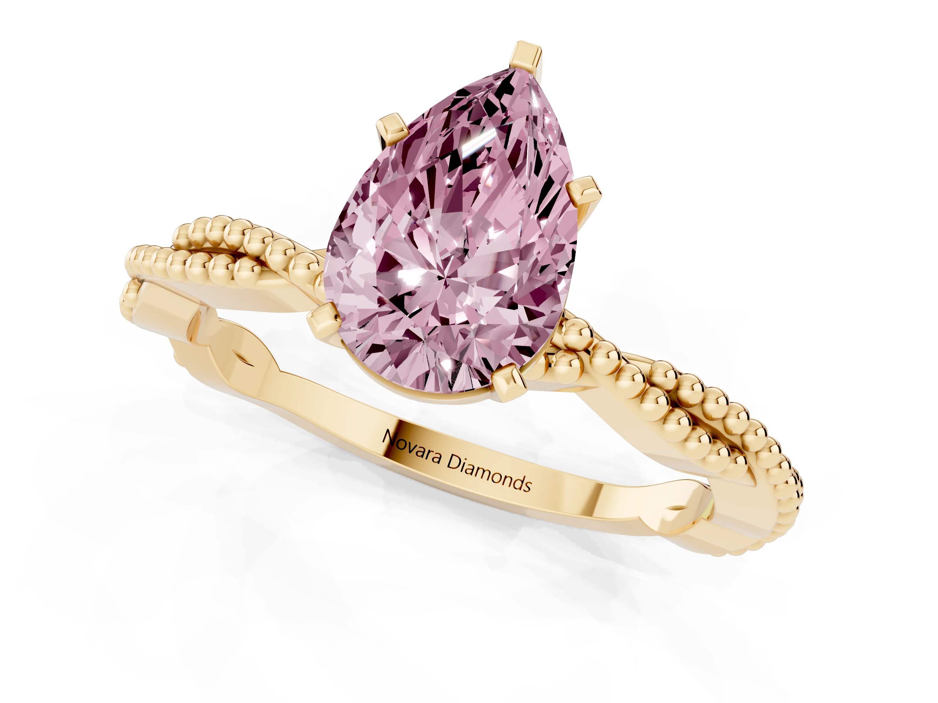 Fancy Pink Pear Cut Diamond Solitaire Ring Set in Yellow gold with Twisted Band and Bead Prong Setting