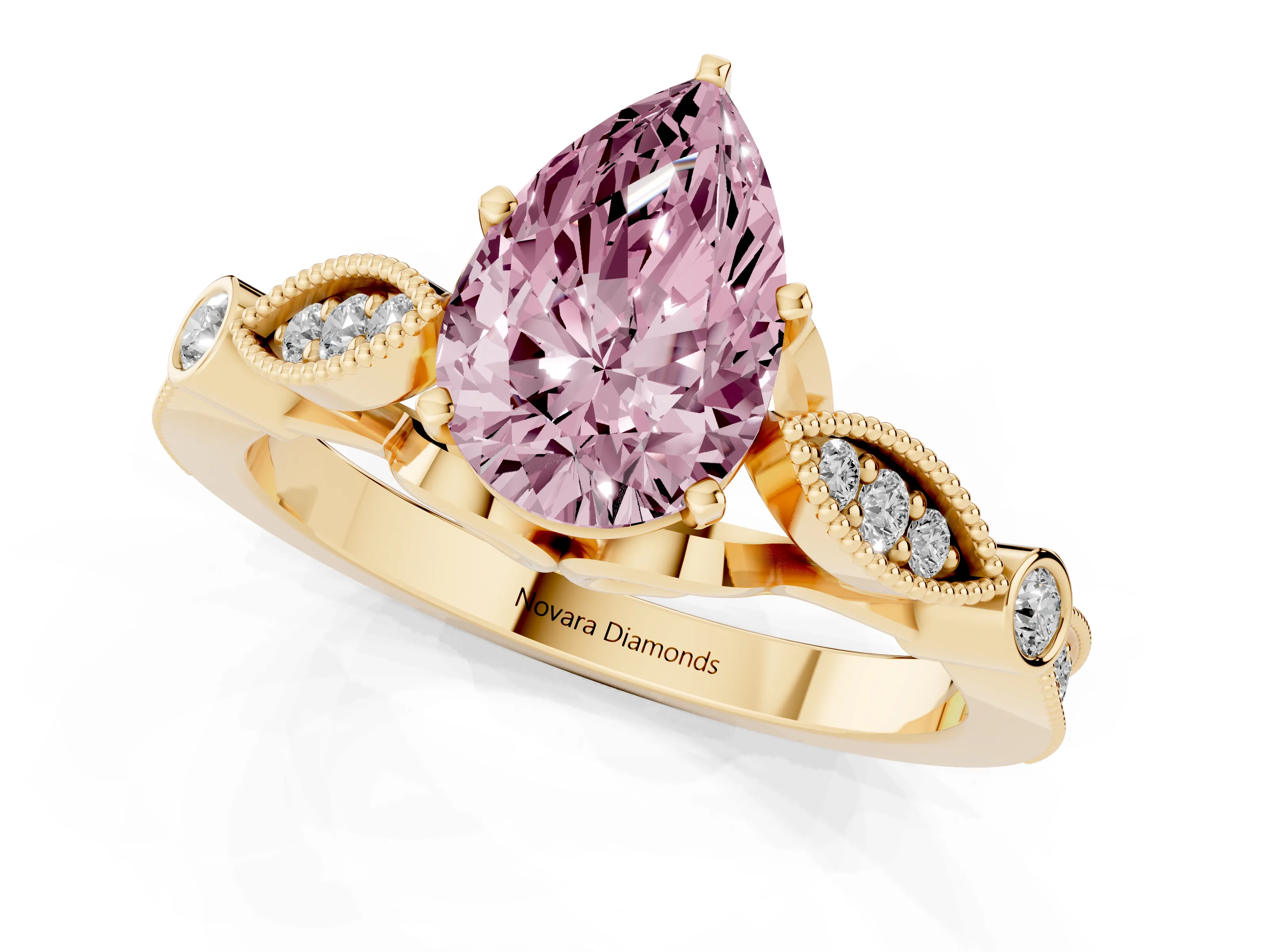 Fancy Pink Pear Cut Diamond Solitaire Ring Set in Yellow gold with Milgrain Marquise and Bezel Accents