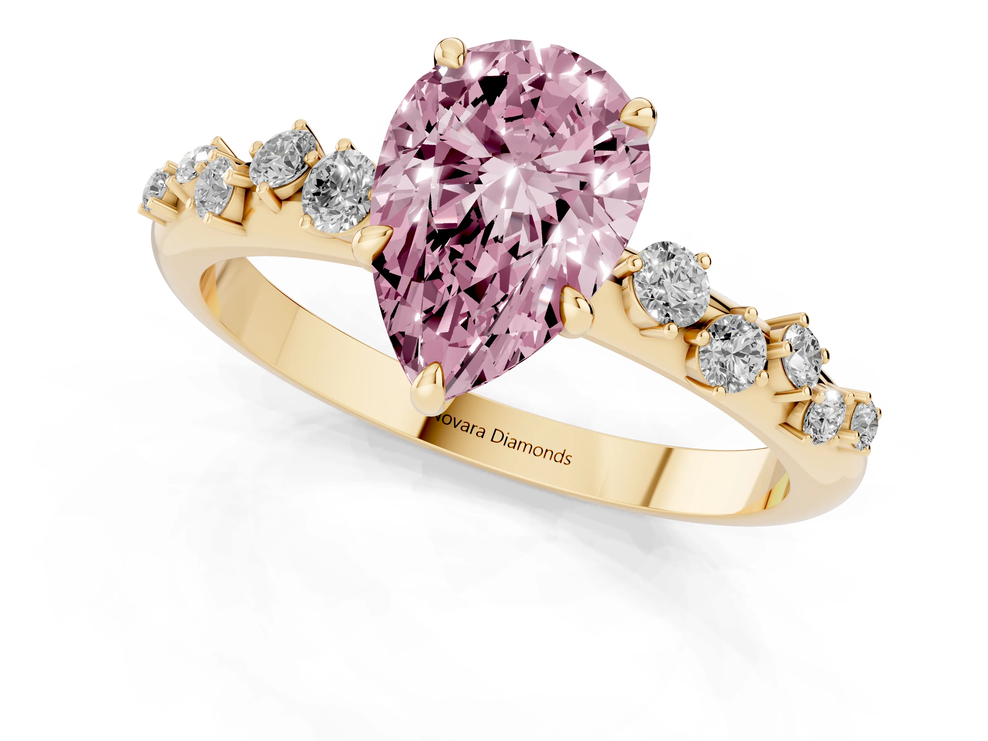 Fancy Pink Pear Cut Diamond Cluster Solitaire Ring Set in Yellow gold with Prong Setting
