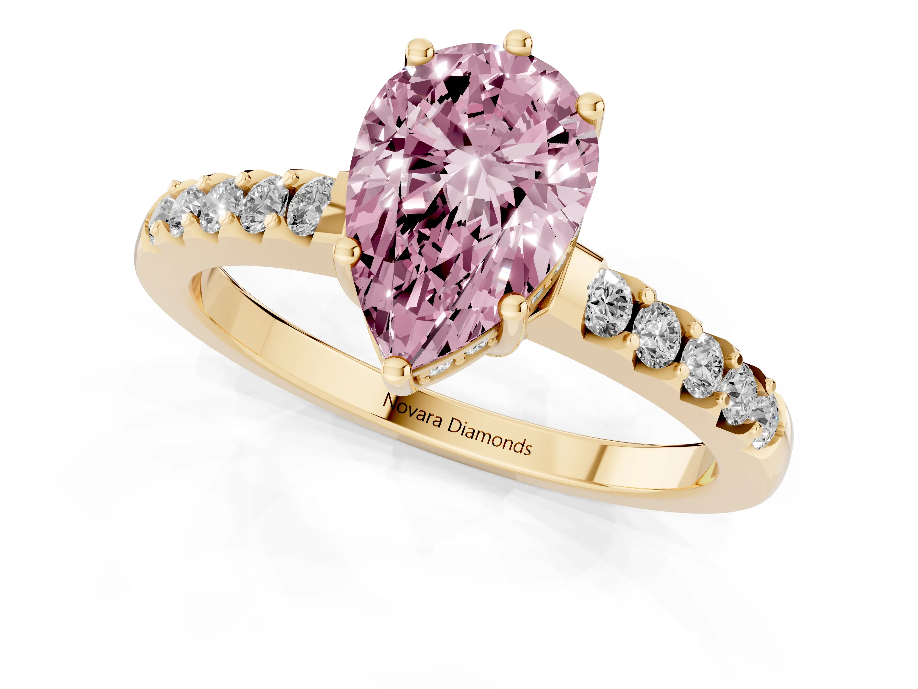 Fancy Pink Pear Cut Diamond Solitaire Engagement Ring Set in Yellow gold with Pavé Band and Prong Setting