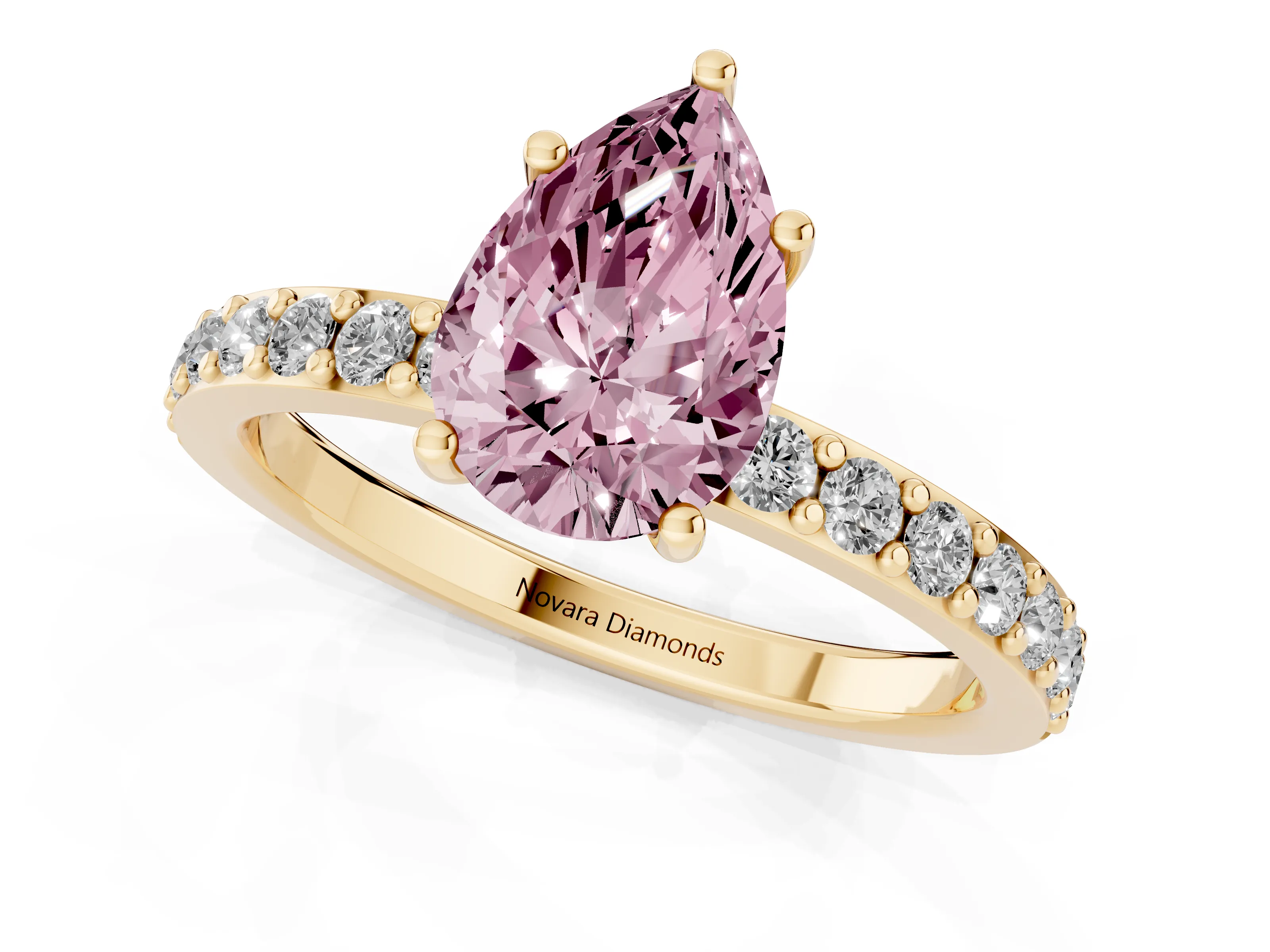 Fancy Pink Pear Cut Diamond Solitaire Set in Yellow gold with Round Pavé Band and Prong Setting