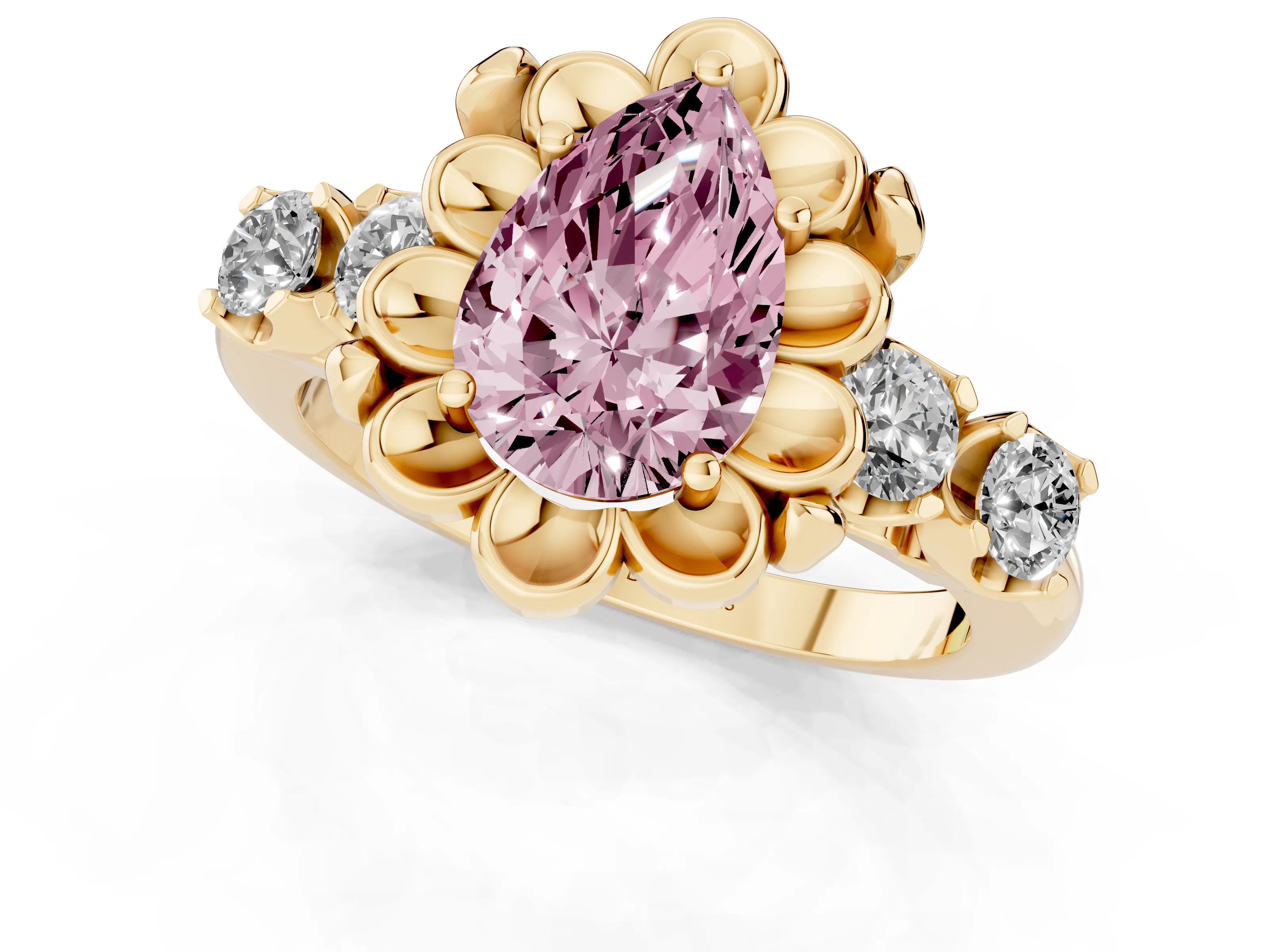 Fancy Pink Pear Cut Diamond Floral Halo Ring Set in Yellow gold with Shared Prong Band
