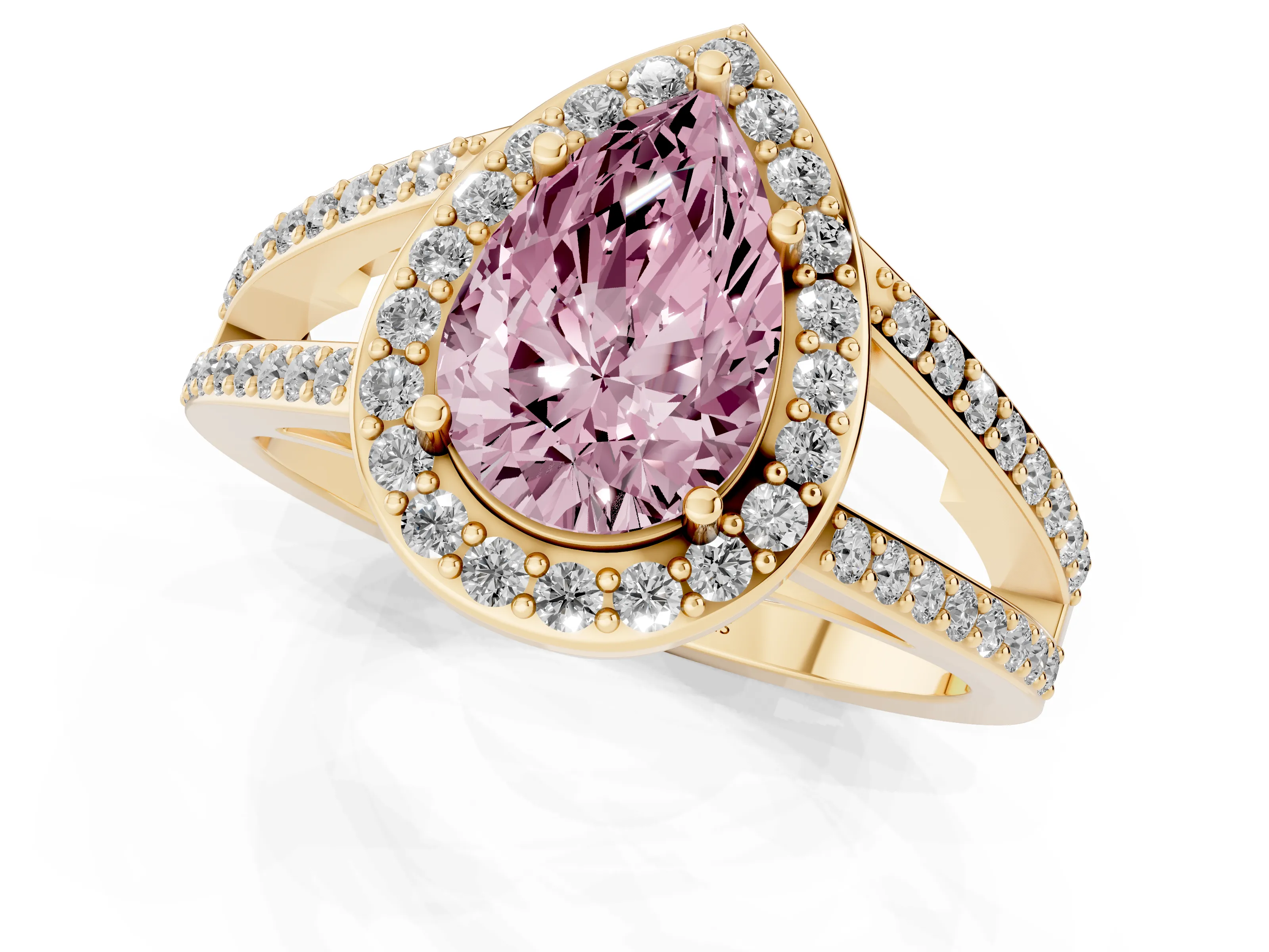 Fancy Pink Pear Cut Diamond Halo Ring Set in Yellow gold with U-Prong Split Shank and Prong Setting