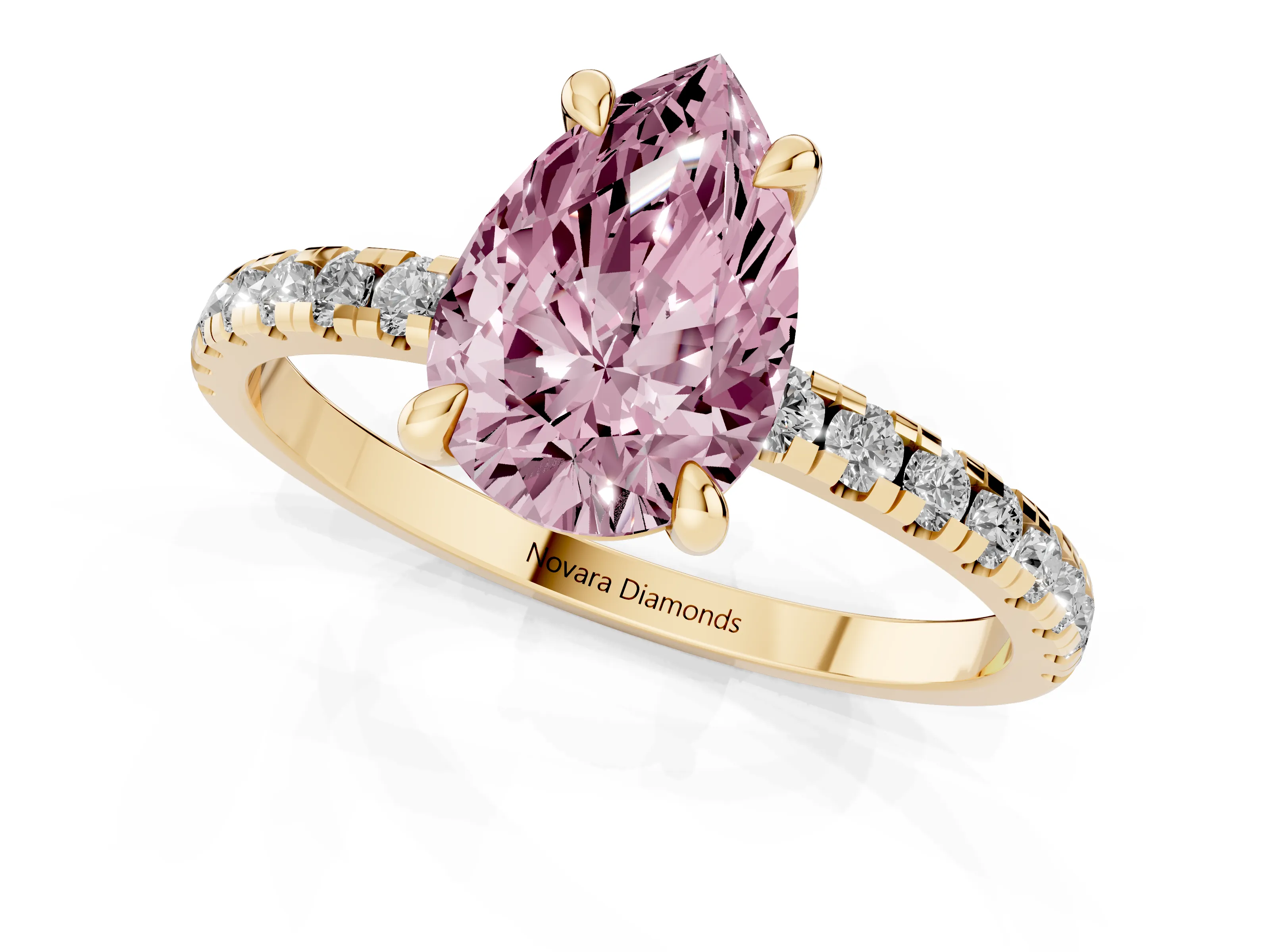 Fancy Pink Pear Cut Diamond Brilliant Solitaire Ring Set in Yellow gold with Pavé Band and Prong Setting