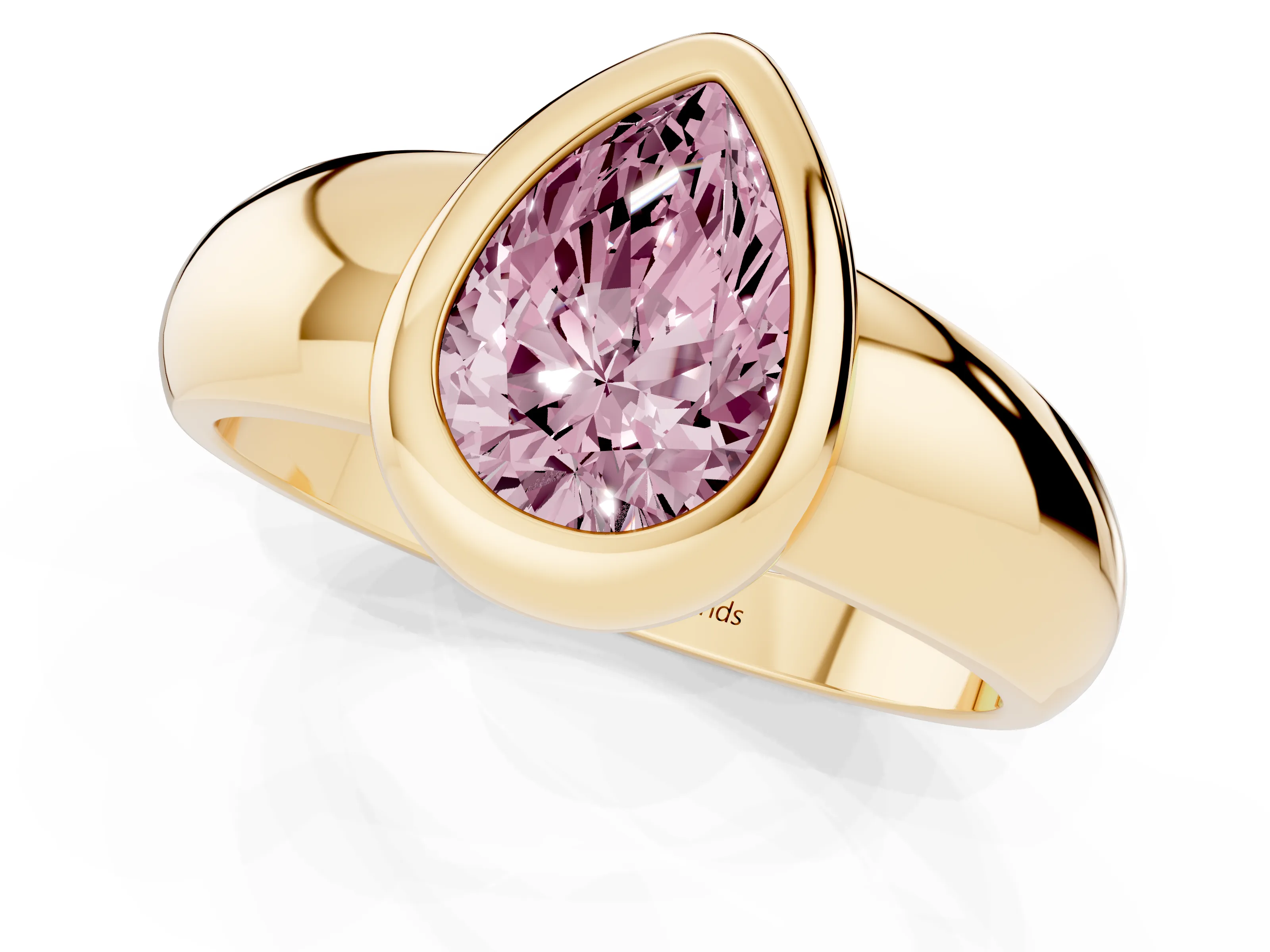 Fancy Pink Bezel Set Pear Cut Diamond Solitaire Ring Set in Yellow gold with Wide Band