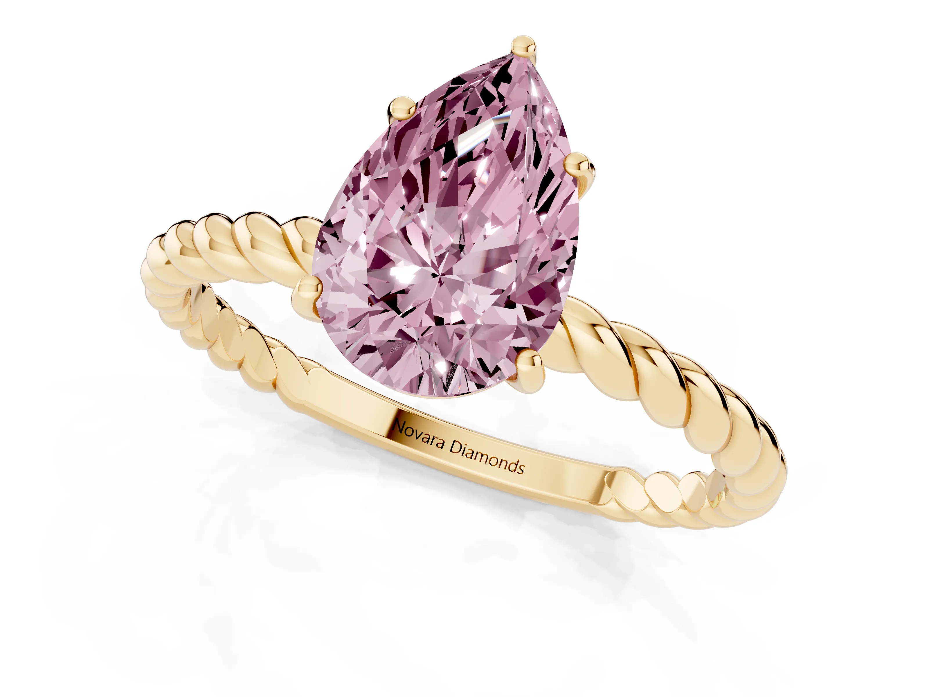 Fancy Pink Pear Cut Diamond Solitaire Ring Set in Yellow gold with Twist Band and Prong Setting