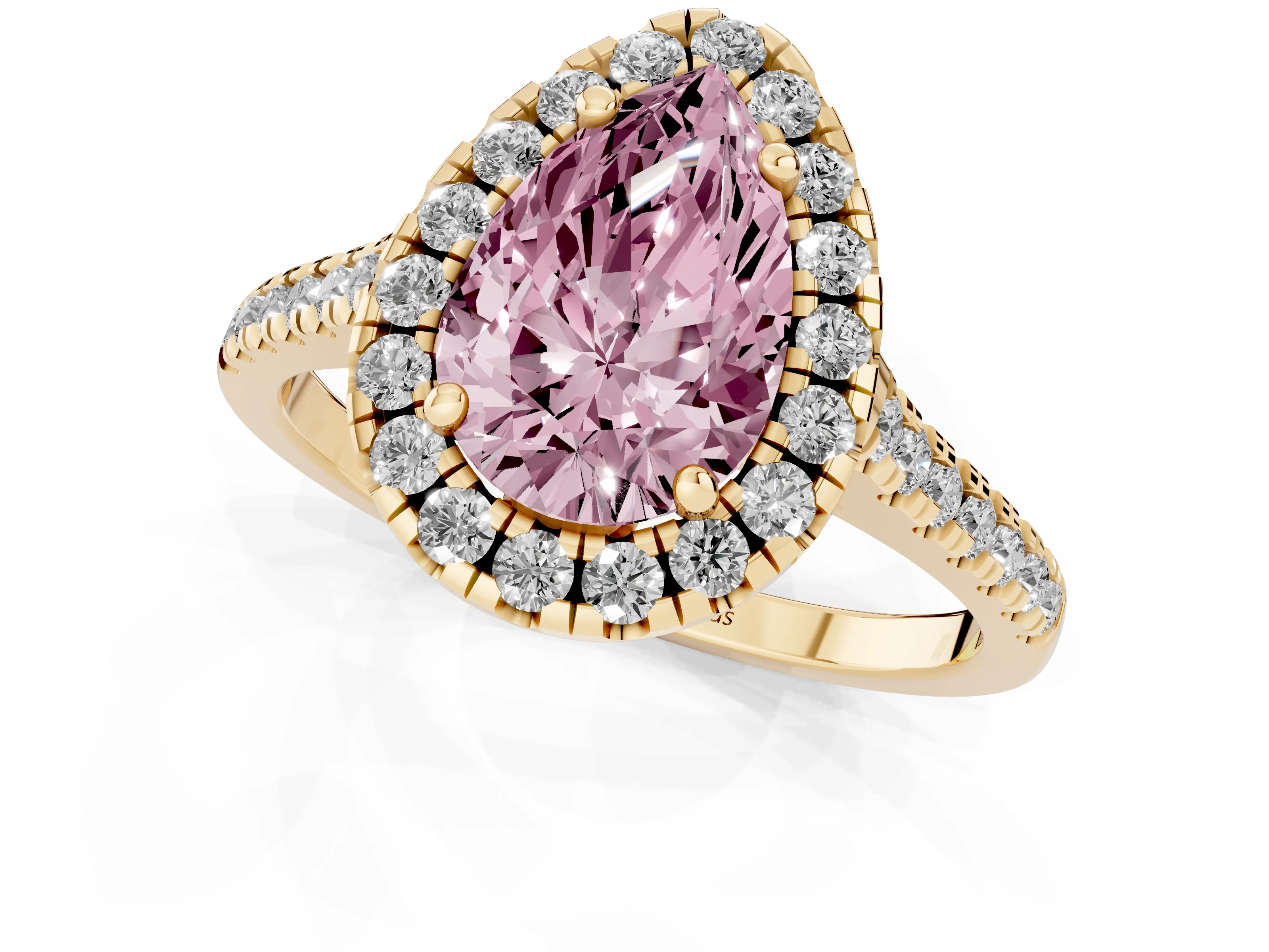 Fancy Pink Pear Cut Diamond Cushion Halo Ring Set in Yellow gold with Pavé Band