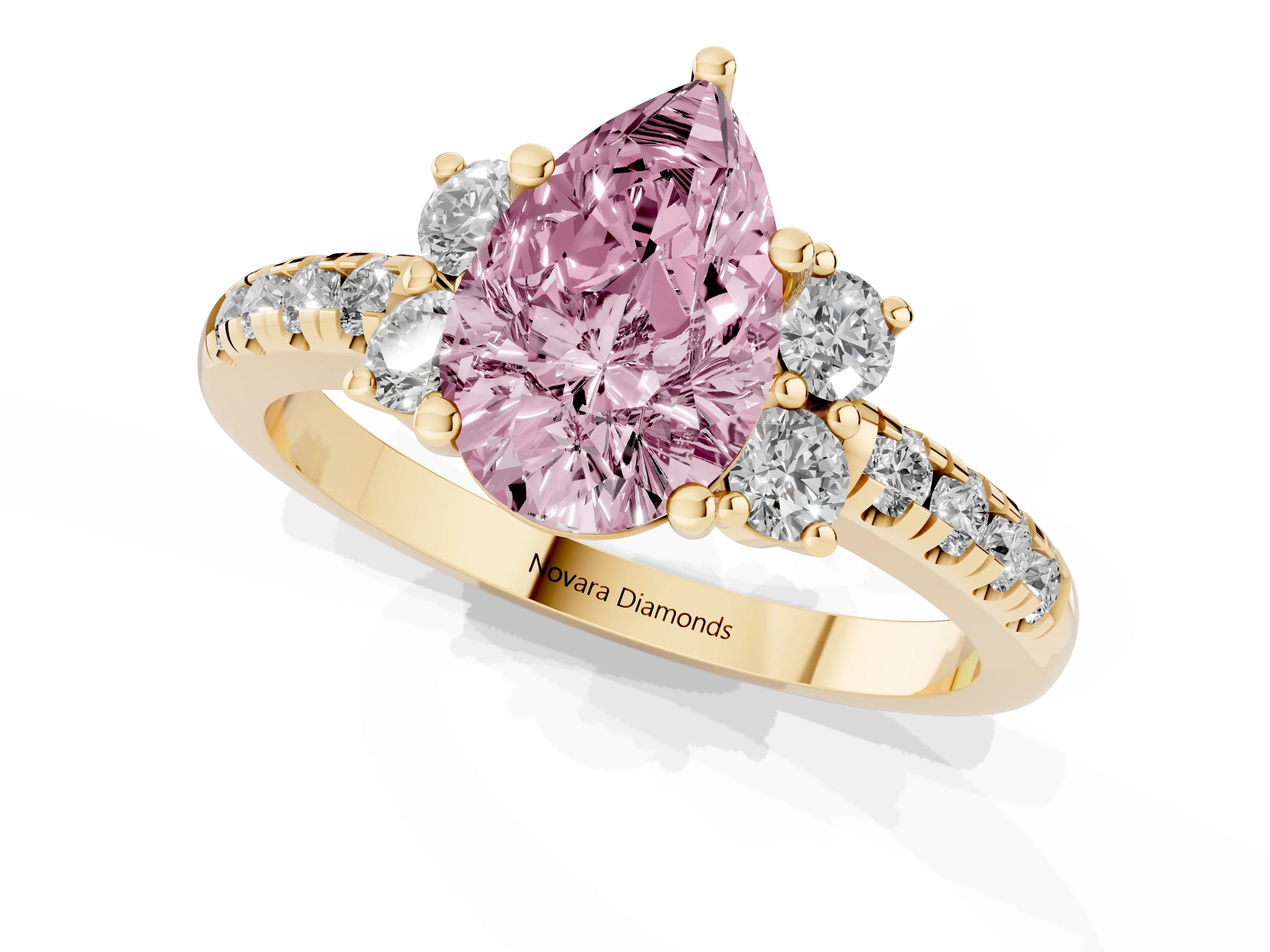 Fancy Pink Pear Cut Diamond Three-Stone Pavé Ring Set in Yellow gold with Prong Setting