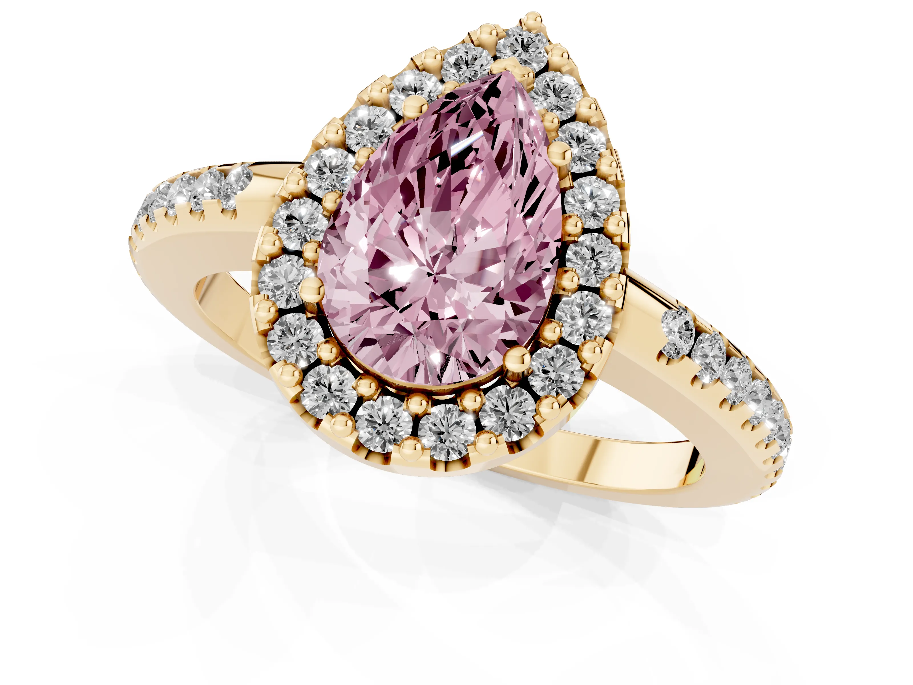 Fancy Pink Pear Cut Diamond Pavé Halo Ring Set in Yellow gold with Prong Setting