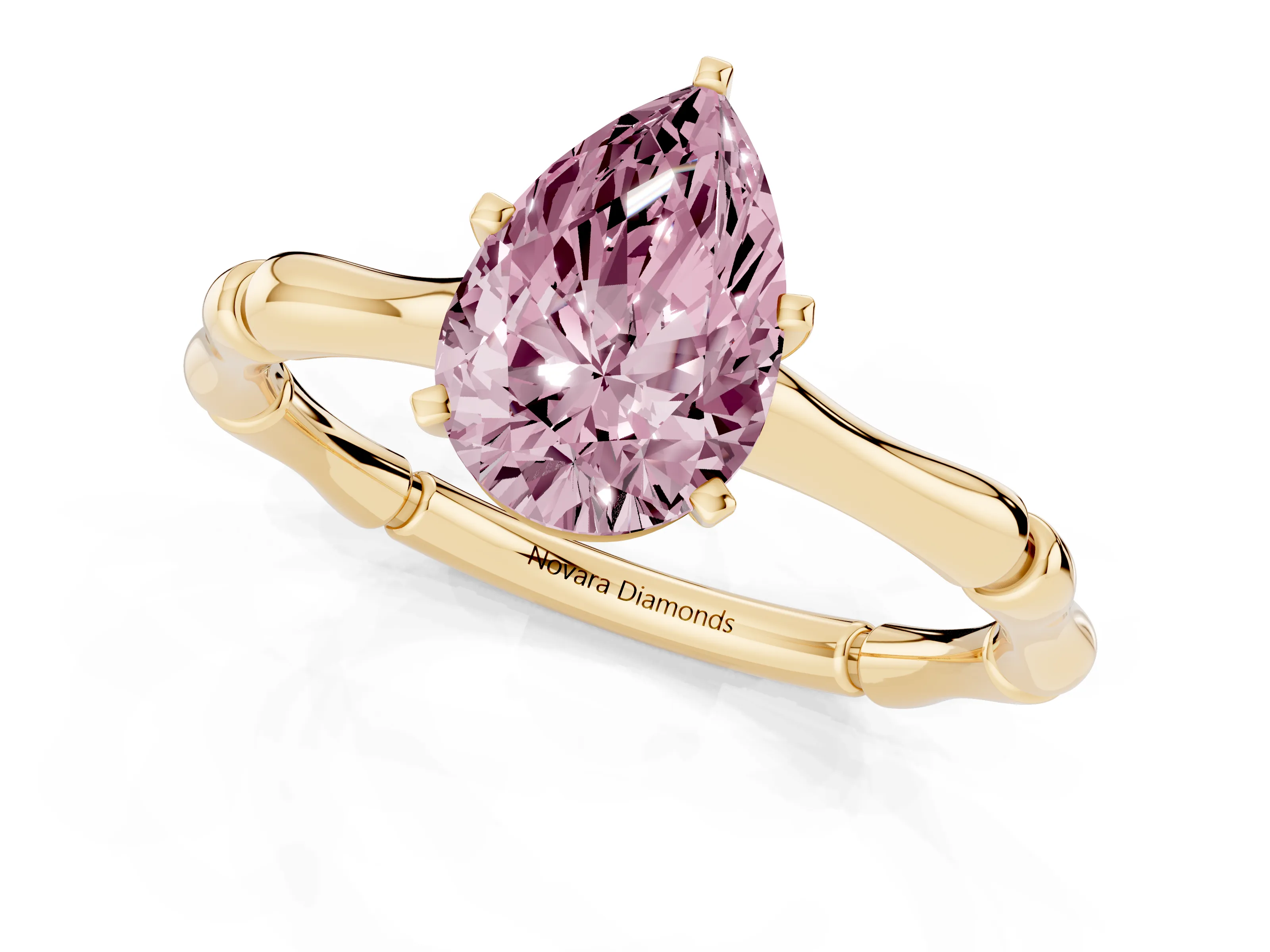 Fancy Pink Pear Cut Diamond Solitaire Ring Set in Yellow gold with Bamboo Band and Prong Setting