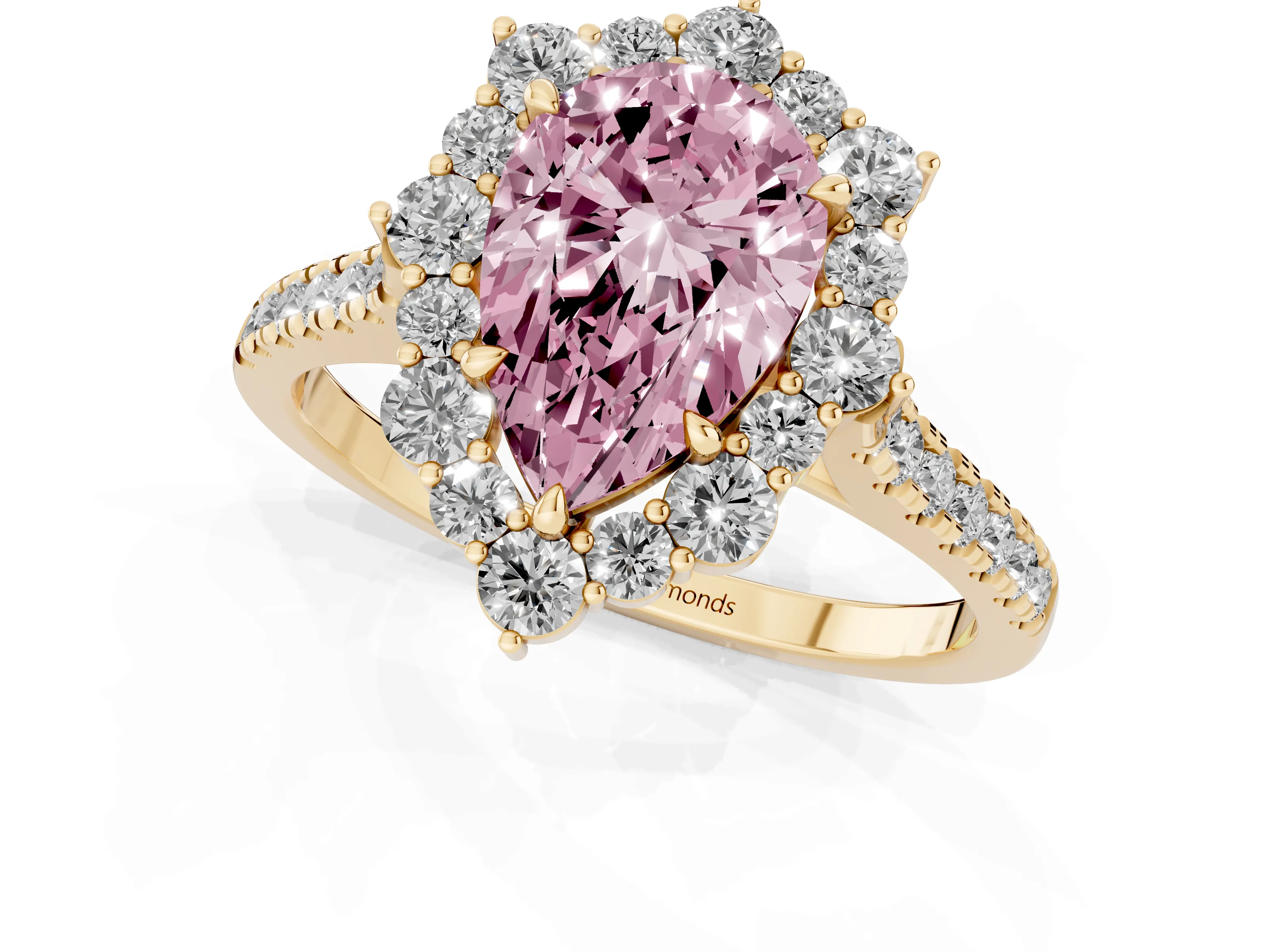 Fancy Pink Pear Cut Diamond Halo Ring Set in Yellow gold with Pavé Band and Prong Setting