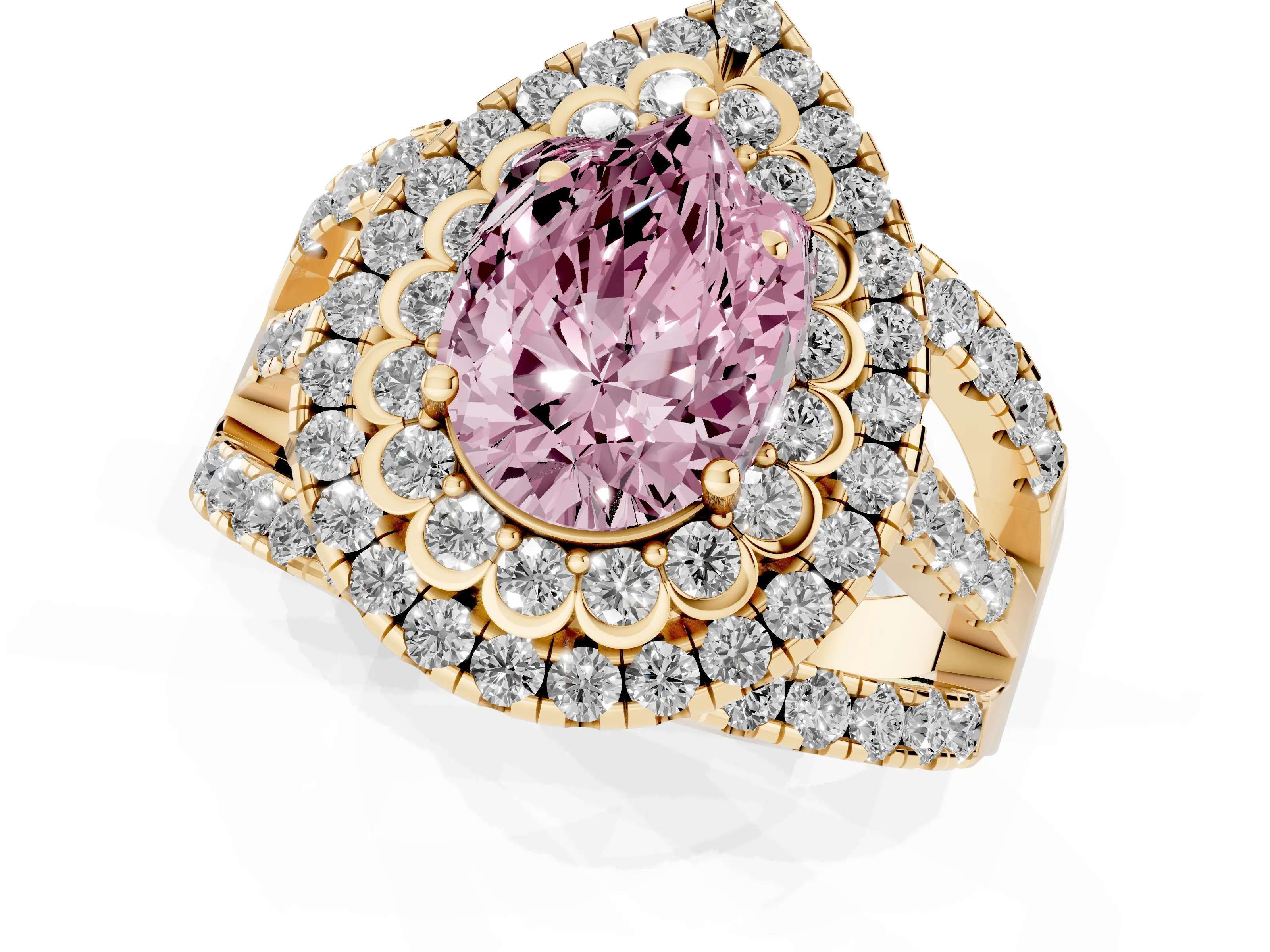 Fancy Pink Pear Cut Diamond Double Halo Ring Set in Yellow gold with Round Pavé Split Shank