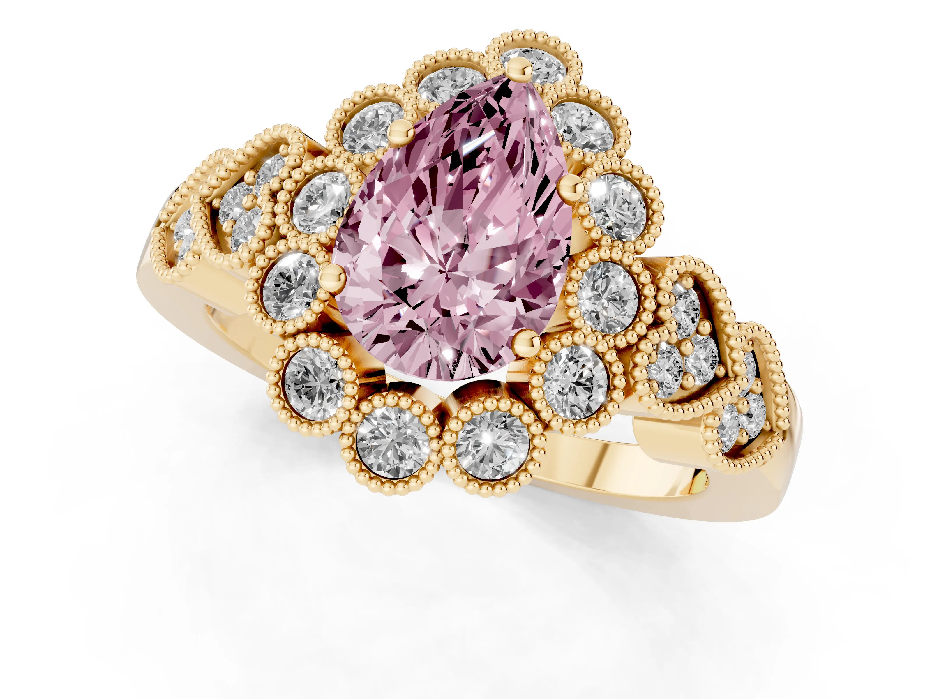 Fancy Pink Pear Cut Diamond Solitaire Ring Set in Yellow gold with Milgrain Pavé Heart Band – second view