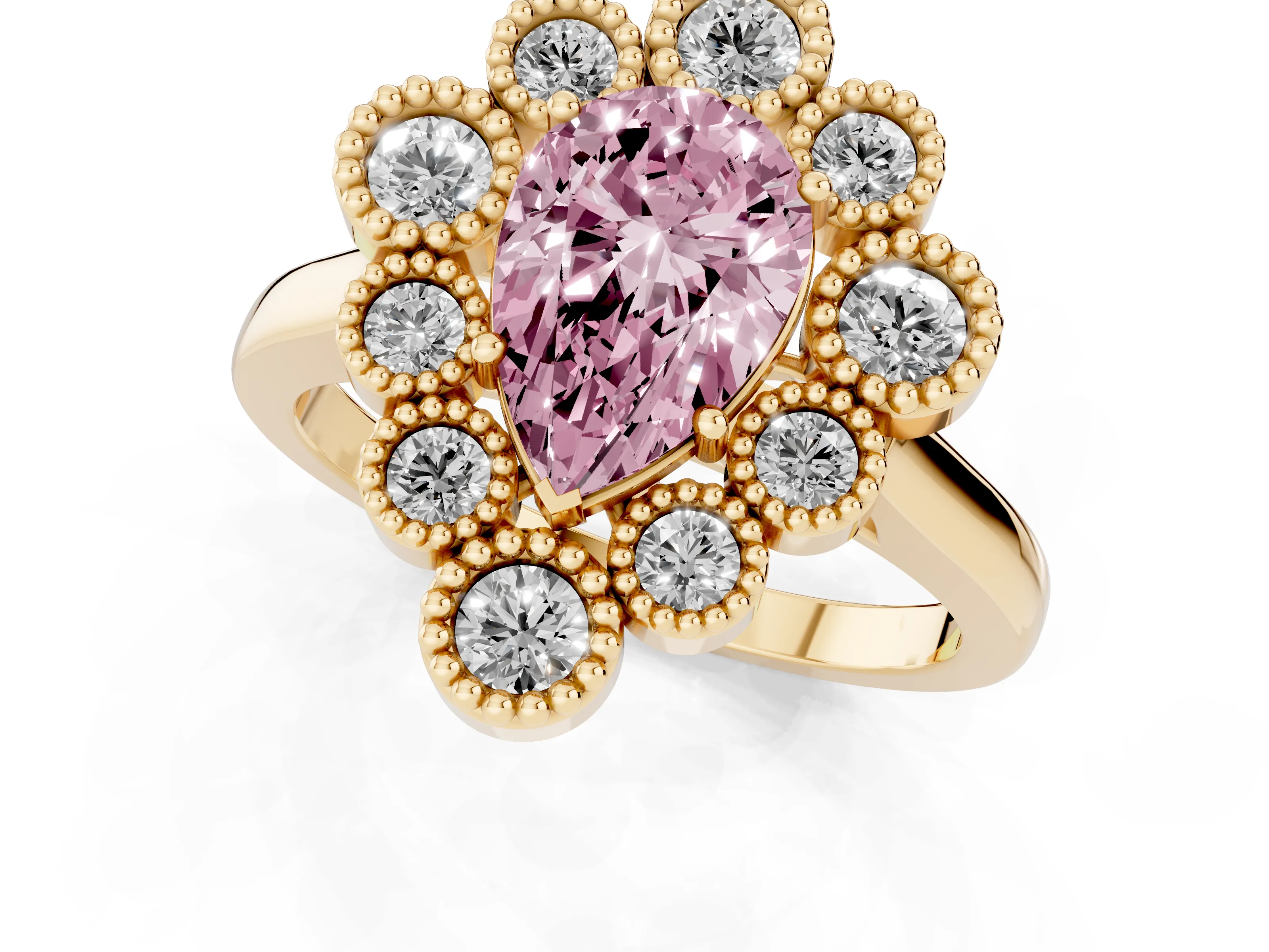 Fancy Pink Pear Cut Diamond Cluster Halo Ring Set in Yellow gold with Milgrain Bezel Accents and Plain Band