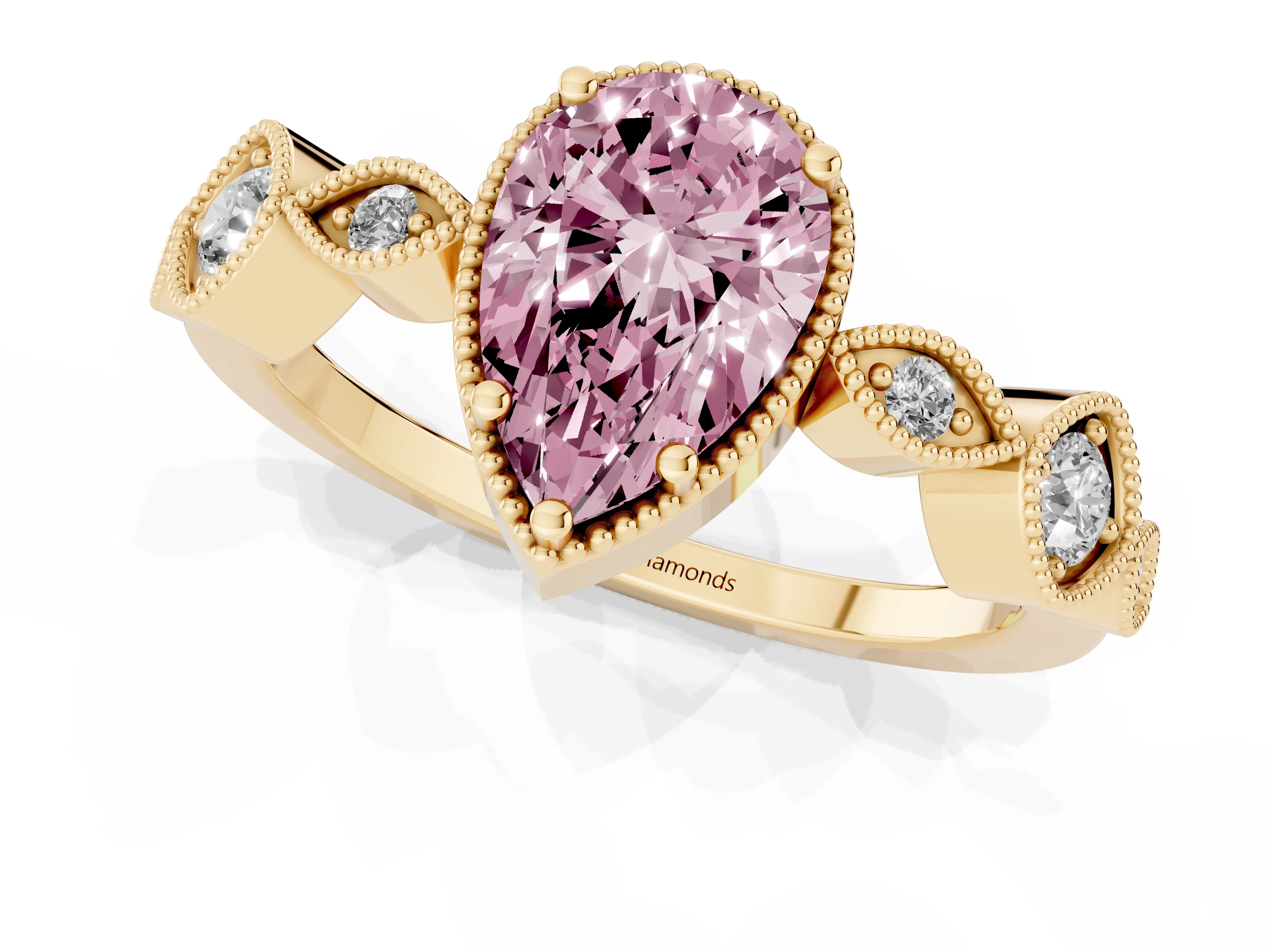 Fancy Pink Pear Cut Diamond Vintage-Inspired Milgrain Ring Set in Yellow gold with Marquise Stations of Round Accents