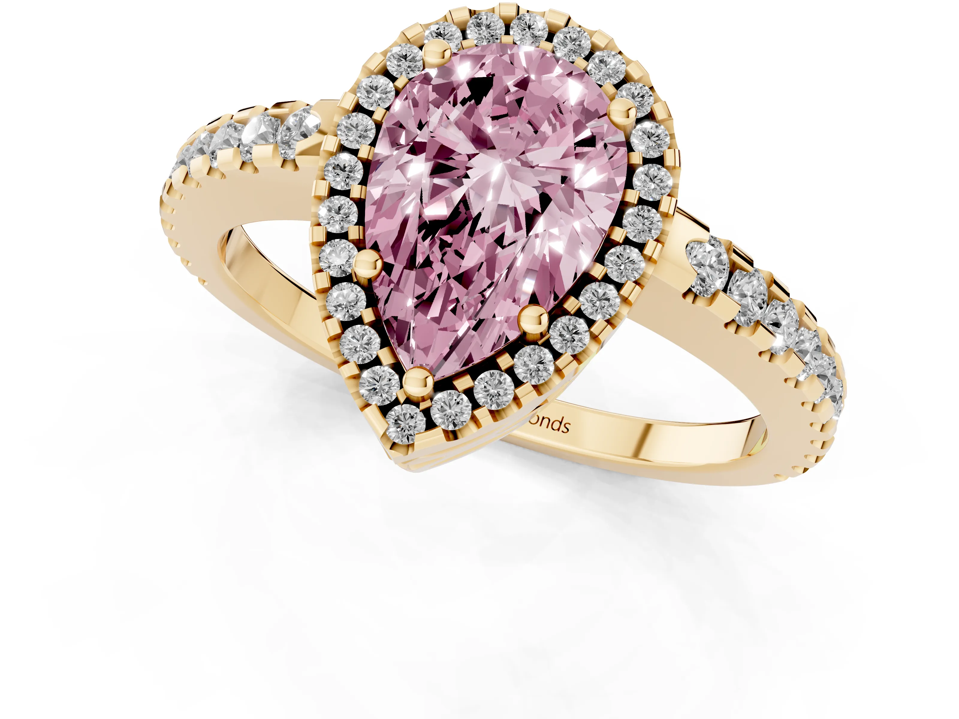 Fancy Pink Pear Cut Diamond Halo Ring Set in Yellow gold with Pavé Shoulders and Halo-Framed Center