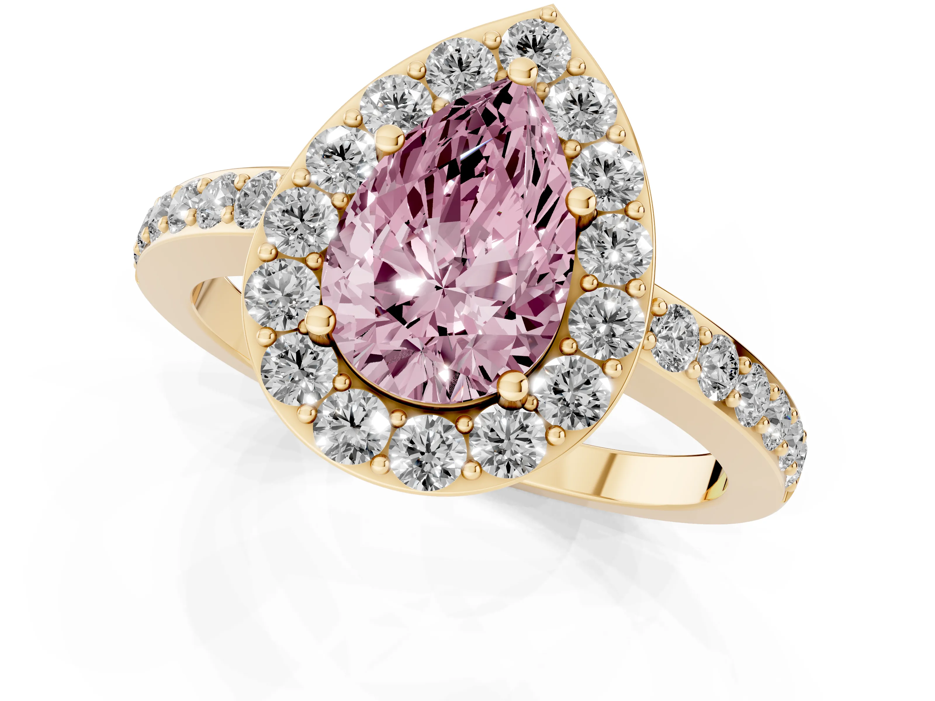 Fancy Pink Pear Cut Diamond Halo Ring Set in Yellow gold with Pavé-Setting Band and Open Prong Center