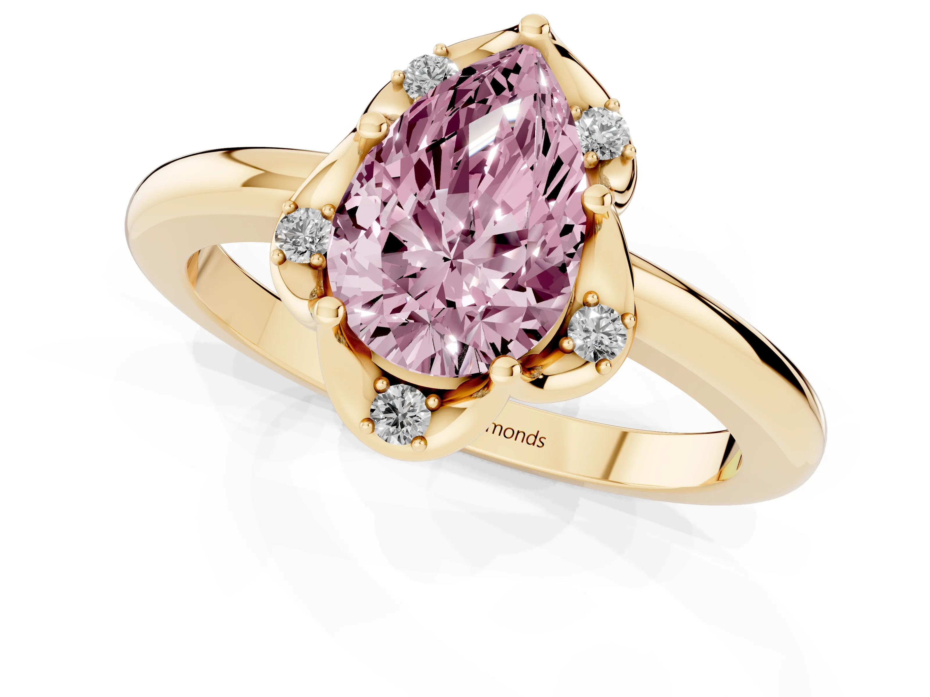 Fancy Pink Pear Cut Diamond Round Cluster Halo Ring Set in Yellow gold with Solitaire Band and Prong Setting
