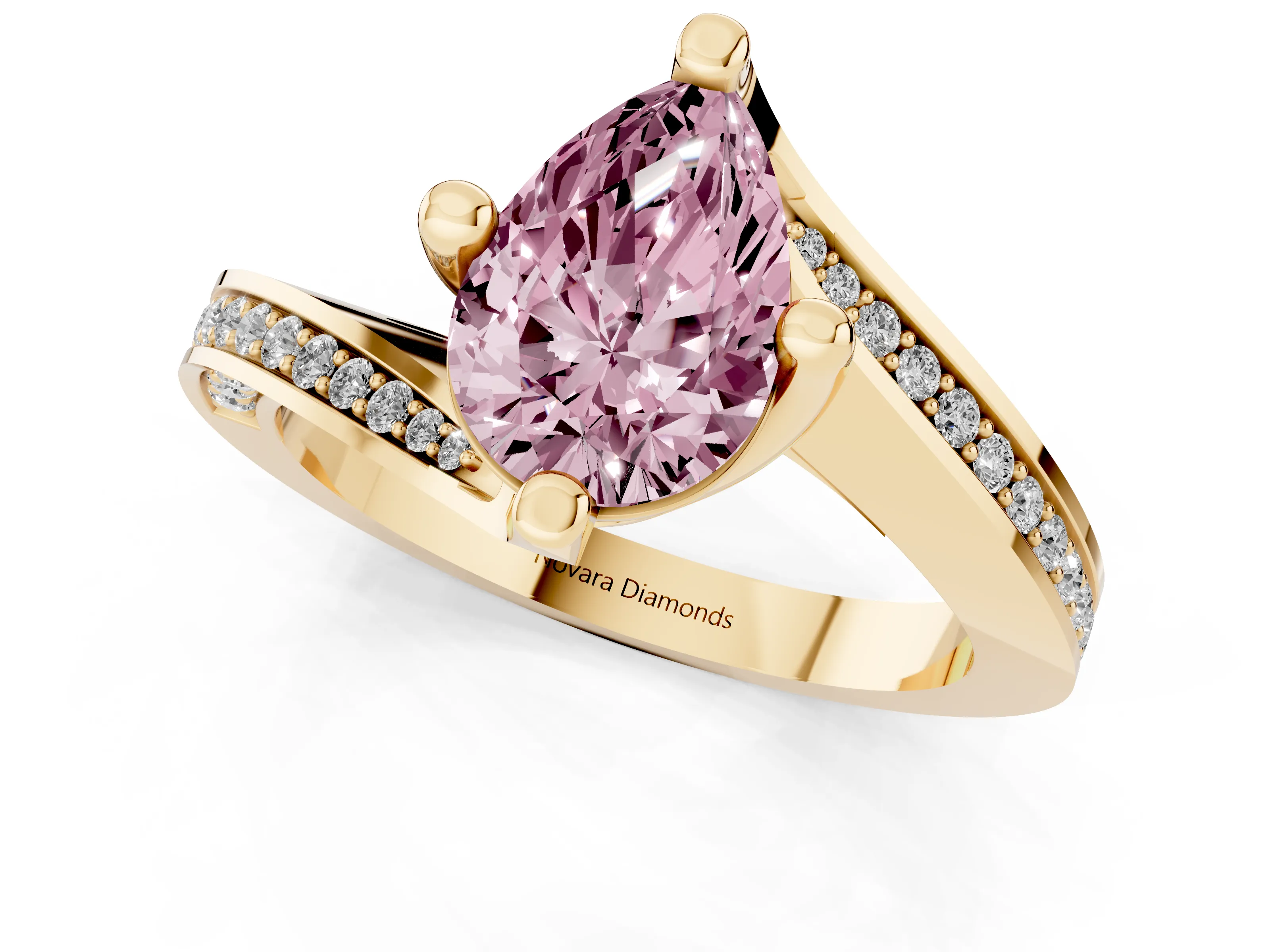 Fancy Pink Pear Cut Diamond Solitaire Ring Set in Yellow gold with Intertwined Pavé Twist Band