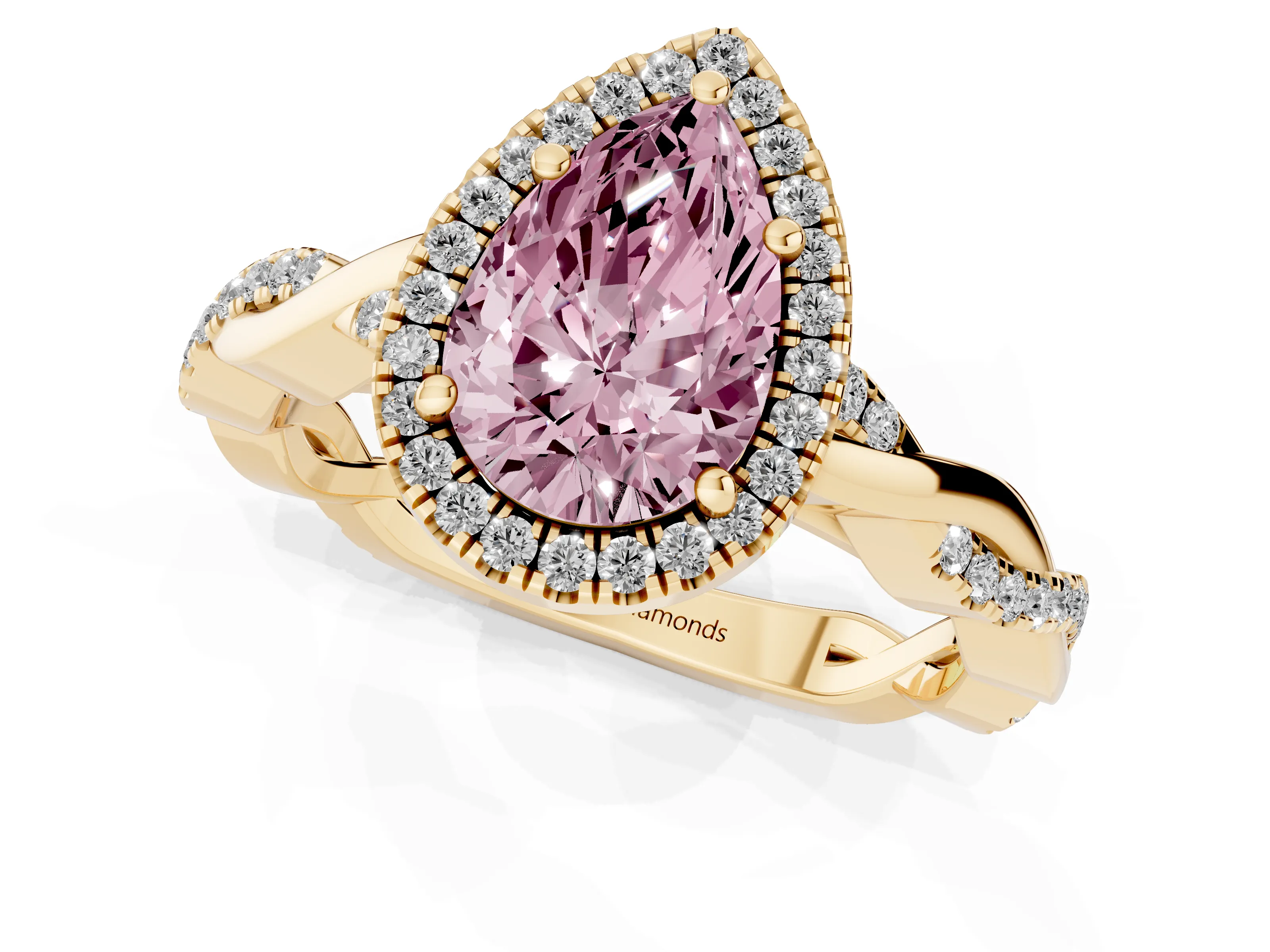 Fancy Pink Pear Cut Diamond Halo Twisted Band Ring Set in Yellow gold with Prong Setting