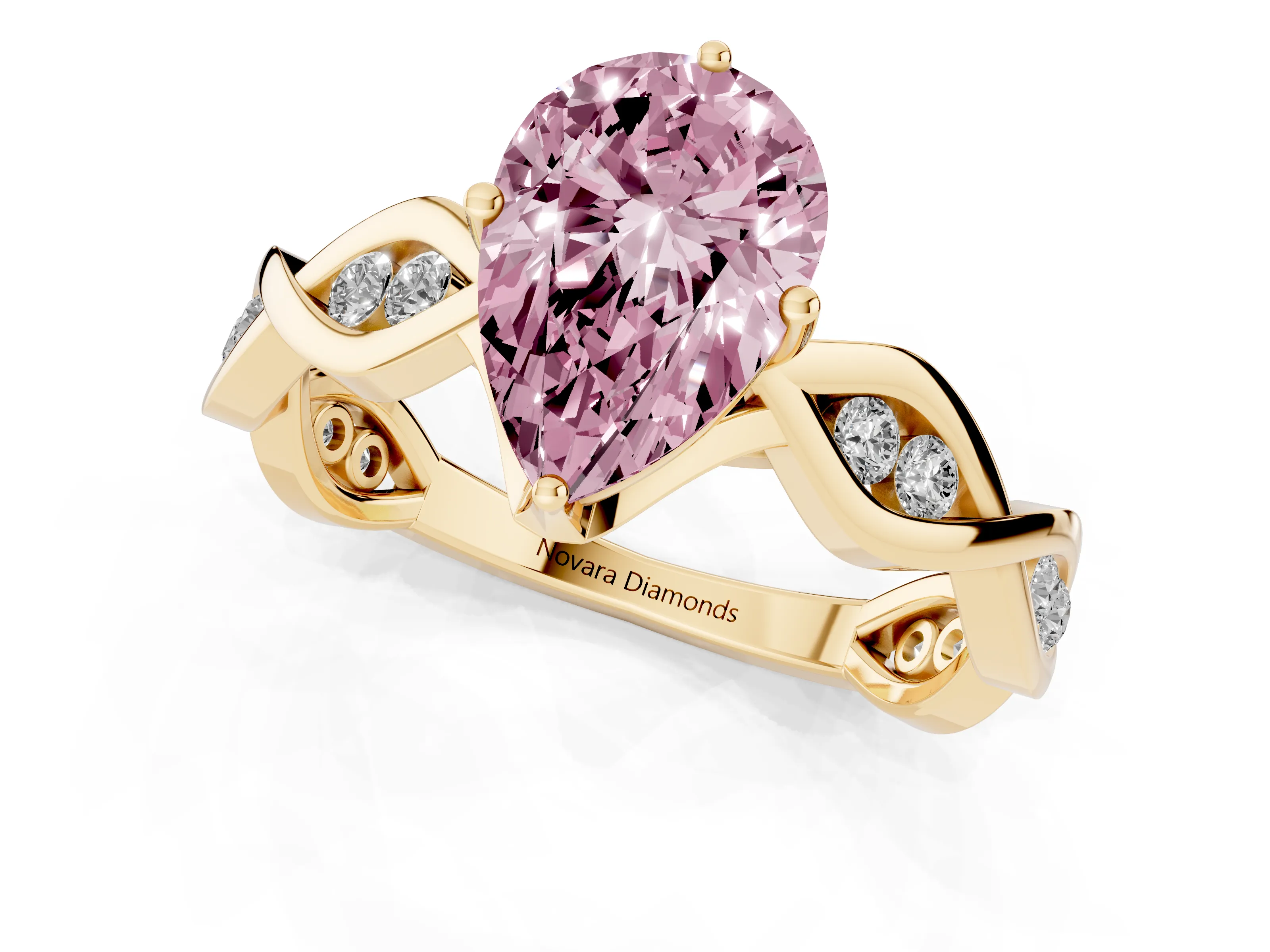 Fancy Pink Pear Cut Diamond Twist Band Solitaire Ring Set in Yellow gold with Leaf Prong Setting and Accent Stones