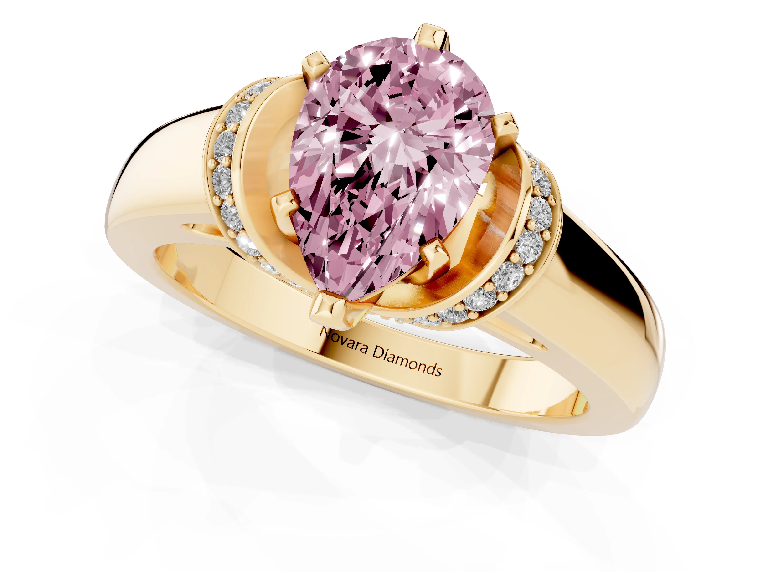 Fancy Pink Pear Cut Diamond Pavé Band Solitaire Ring Set in Yellow gold with Prong Setting