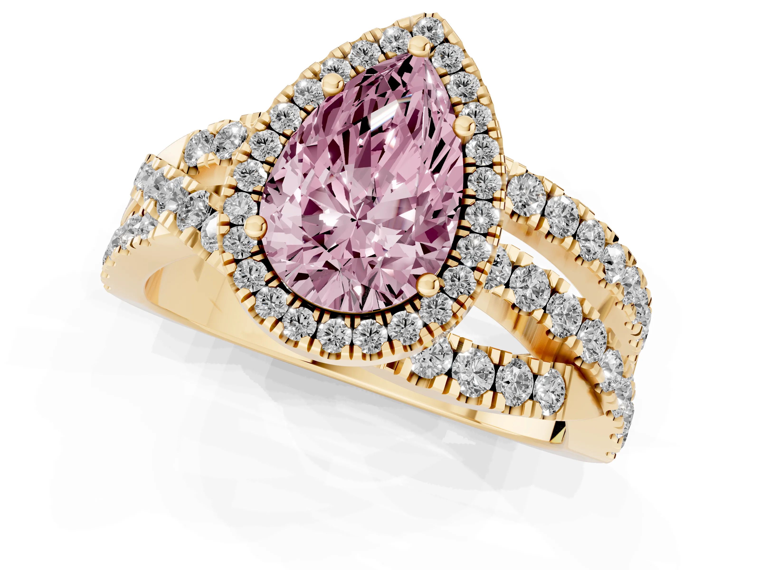 Fancy Pink Pear Cut Diamond Halo Ring Set in Yellow gold with Round Crossover Split Shank and Prong Setting