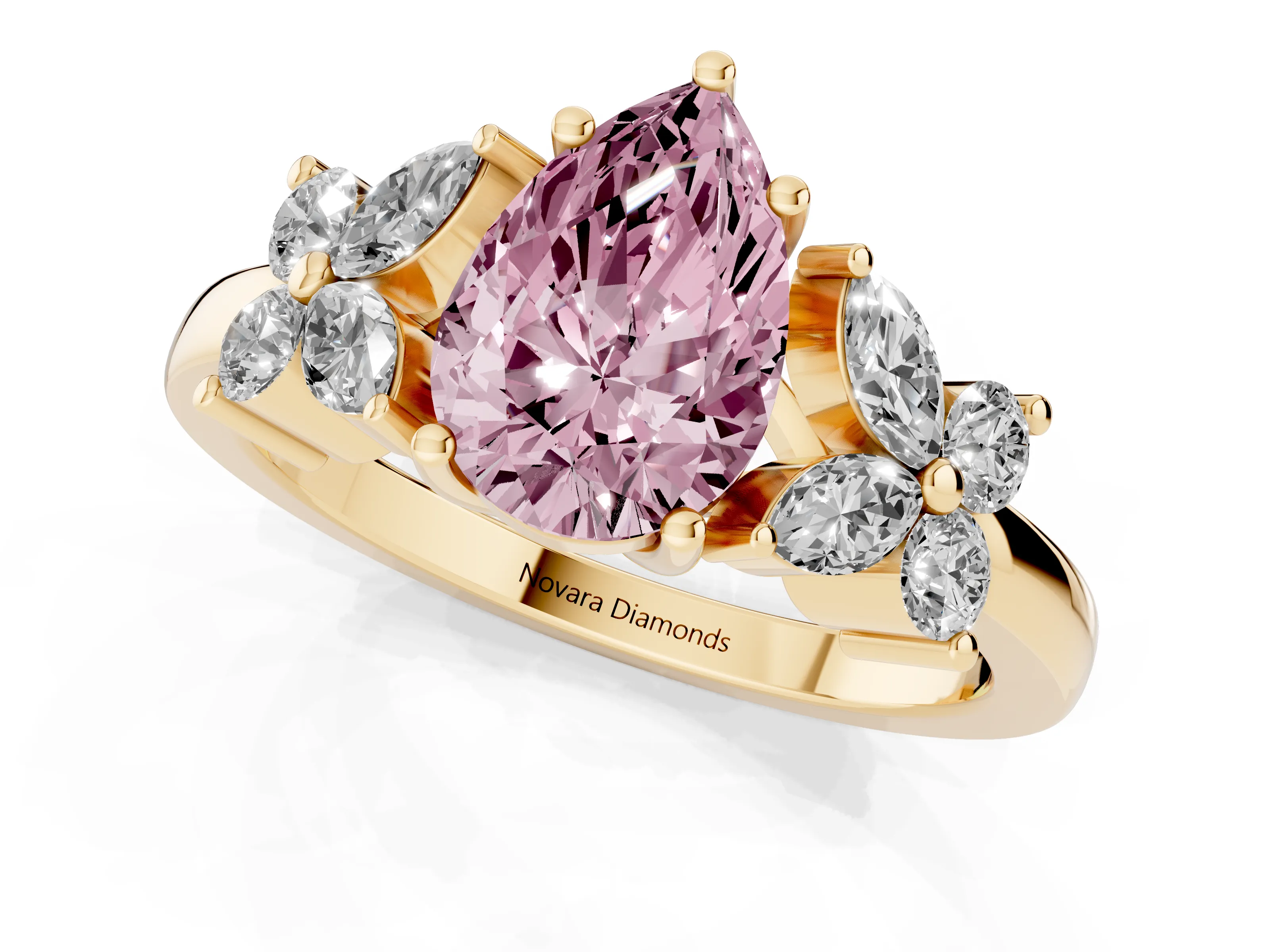 Fancy Pink Pear Cut Diamond Floral Cluster Ring Set in Yellow gold with Marquise Petals and Prong Setting
