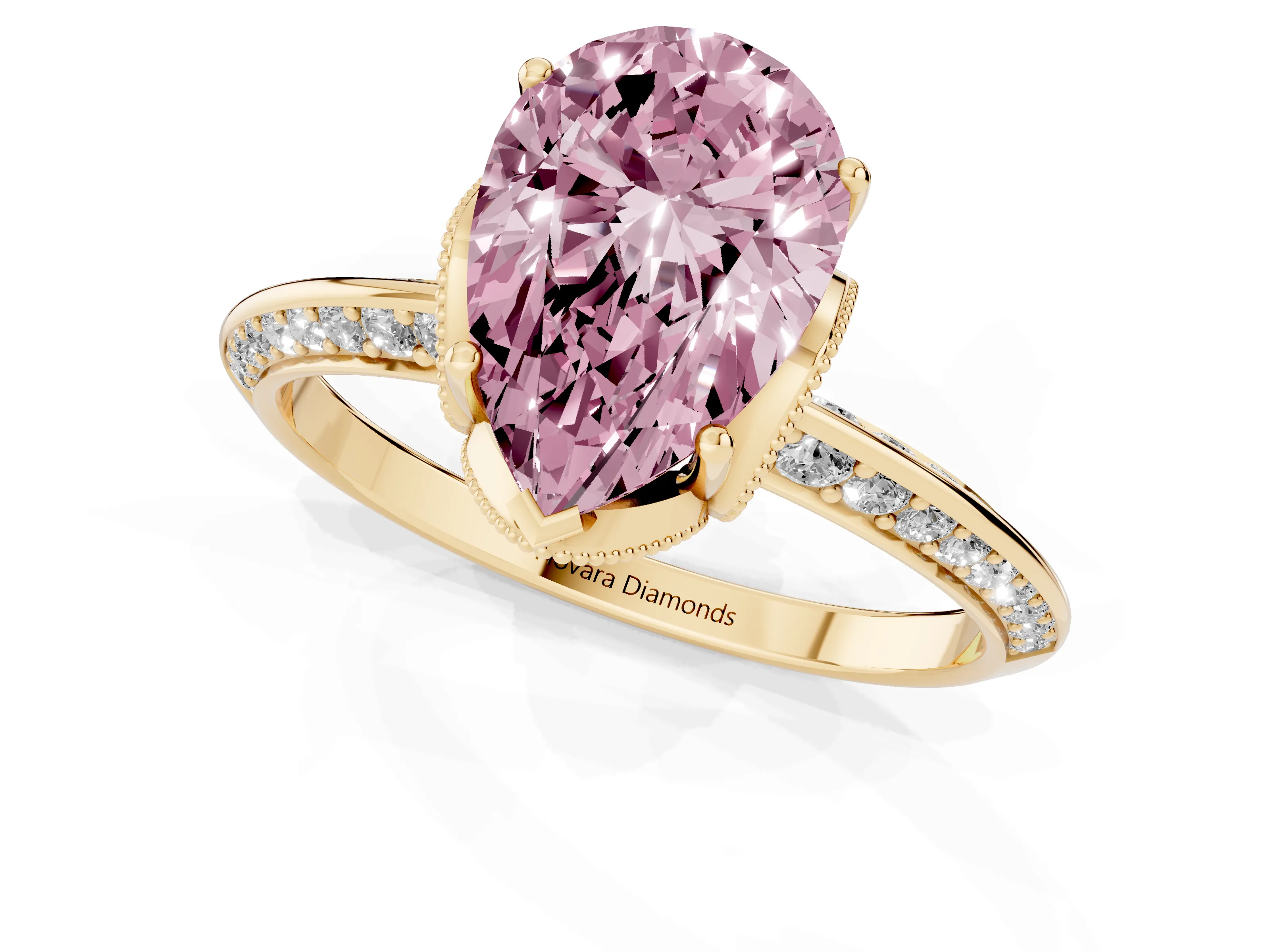 Fancy Pink Pear Cut Diamond Solitaire Engagement Ring Set in Yellow gold with Pavé Split Shank and Prong Setting