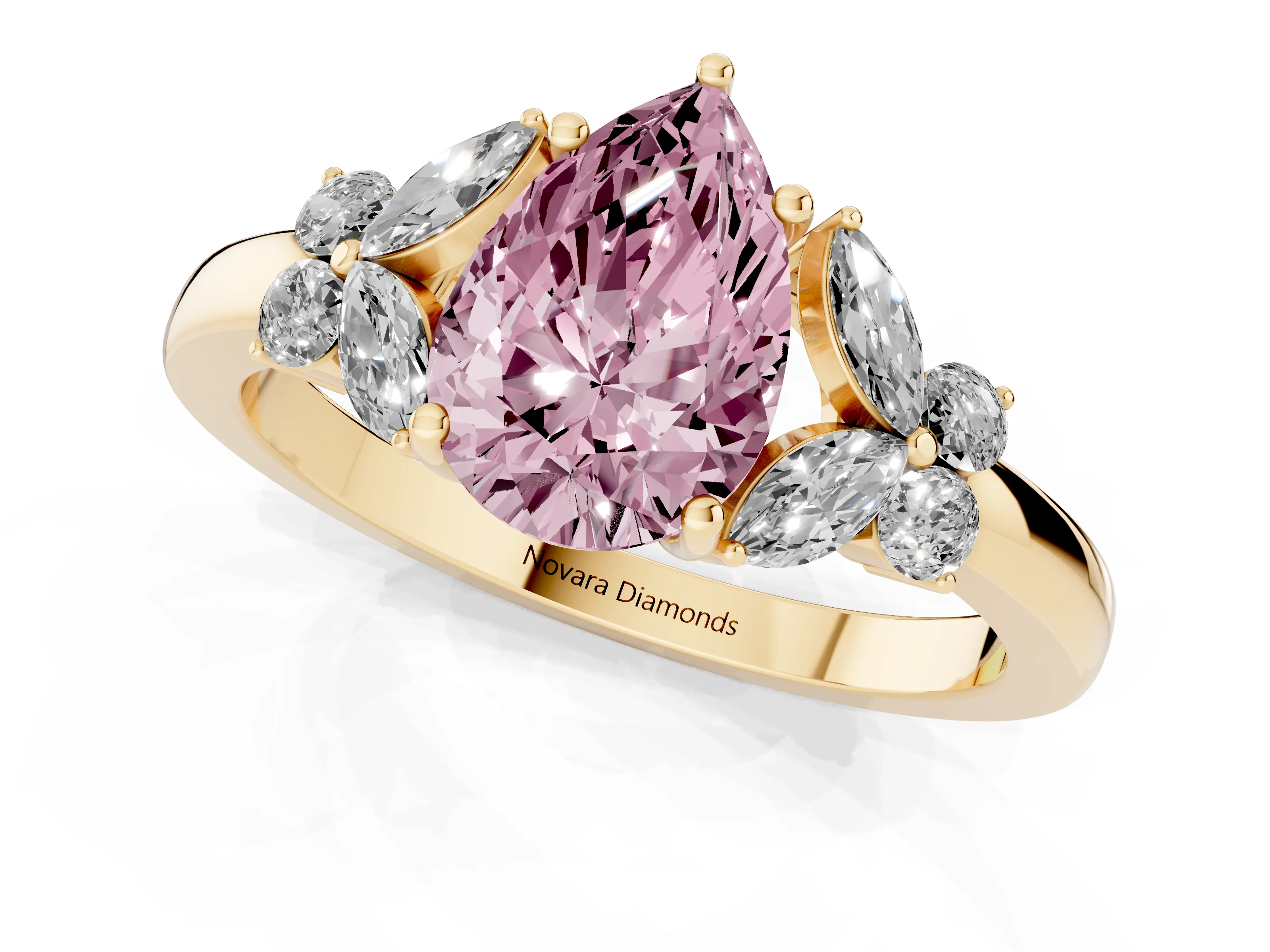 Fancy Pink Pear Cut Diamond Solitaire Floral Ring Set in Yellow gold with Marquise Petals and Prong Setting