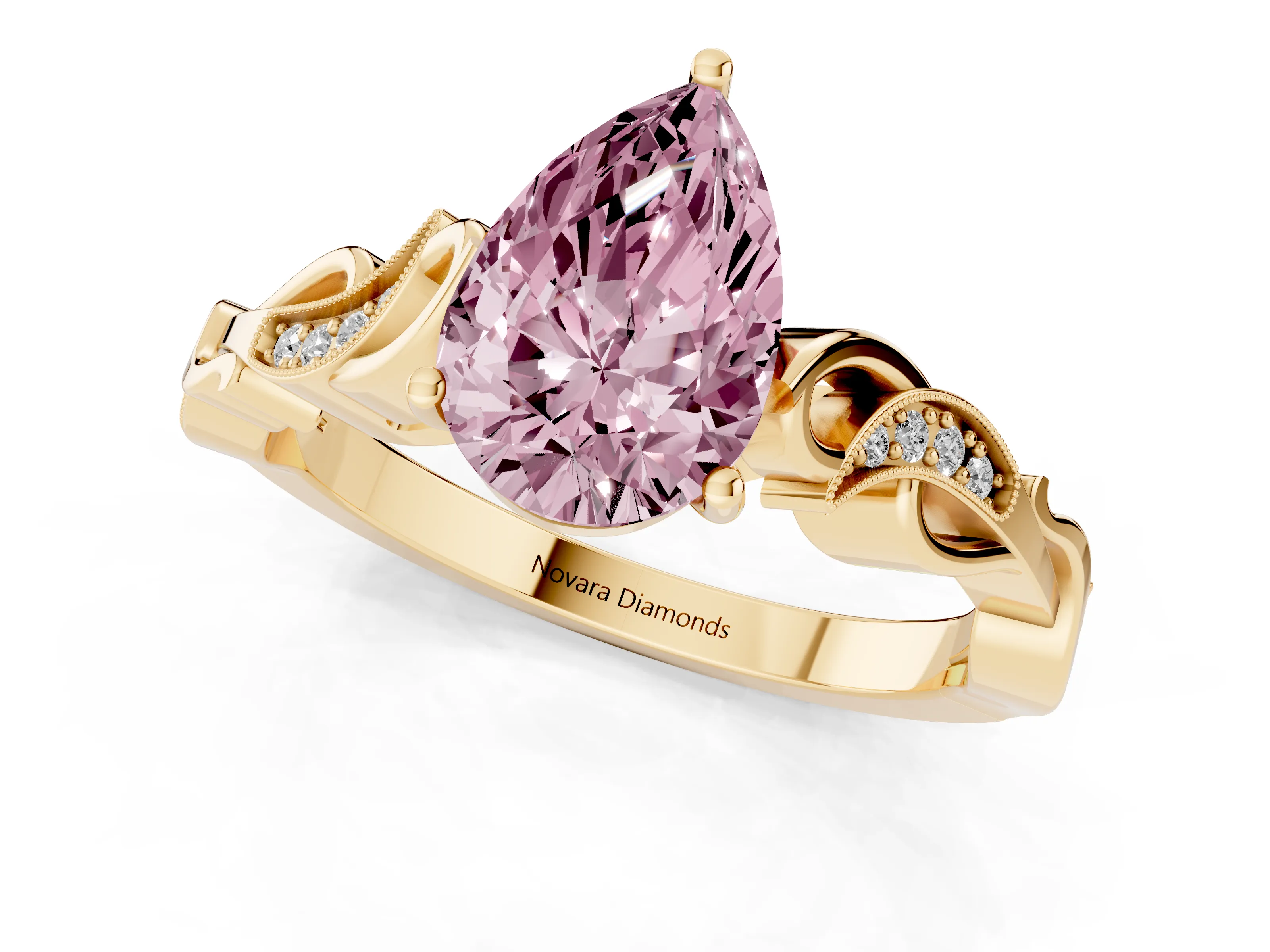 Fancy Pink Pear Cut Diamond Vine Band Solitaire Ring Set in Yellow gold with Milgrain Prong Setting