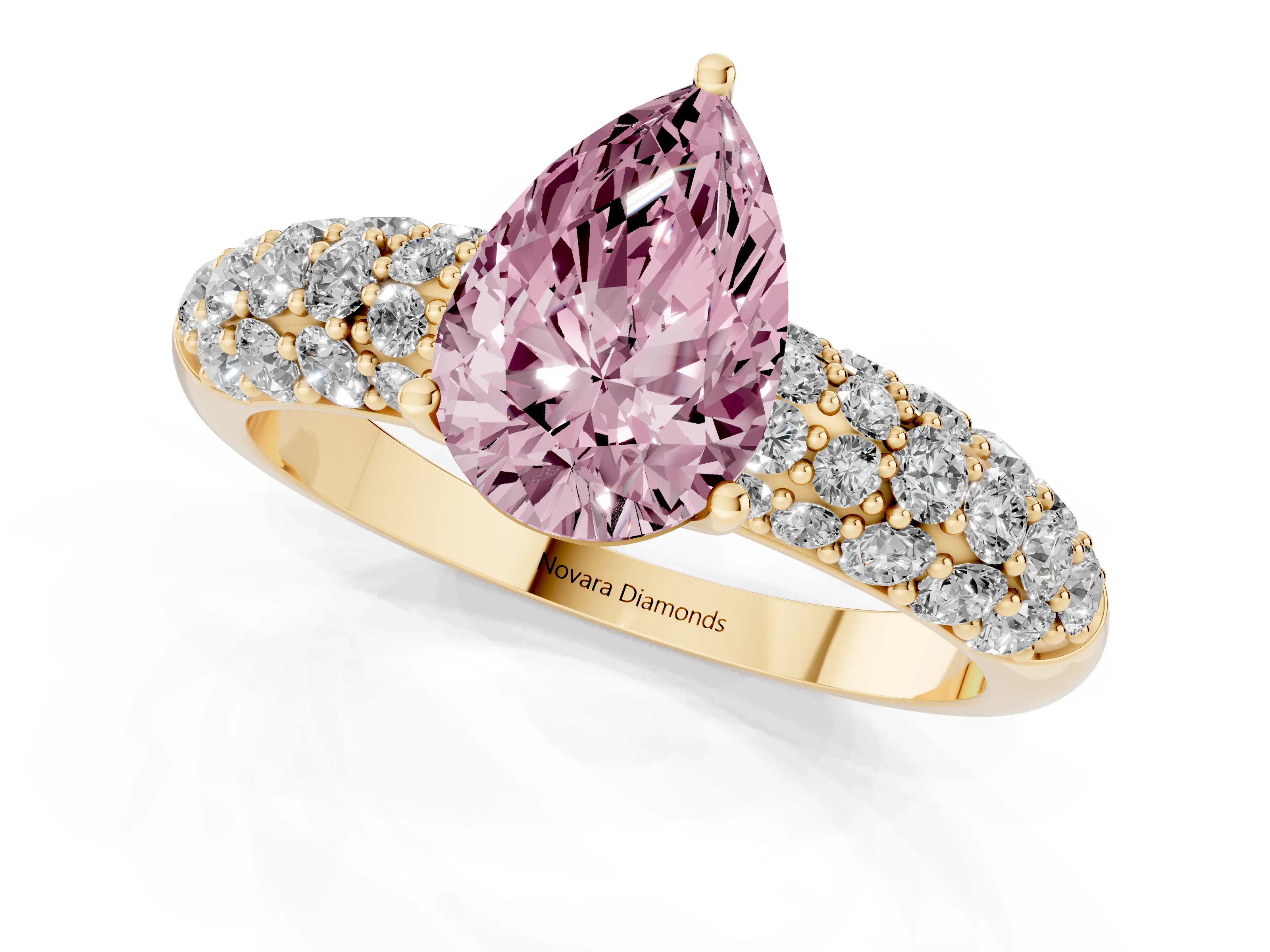 Fancy Pink Pear Cut Diamond Pavé Band Solitaire Ring Set in Yellow gold with Close-Set Accent Stones and Prong Setting