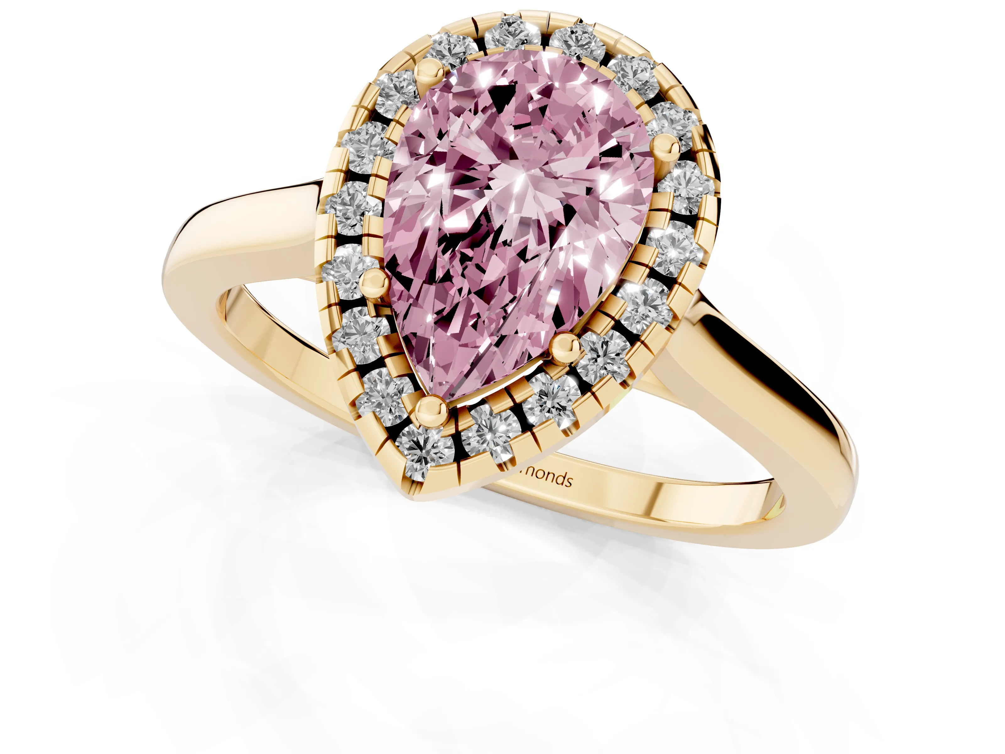 Fancy Pink Pear Cut Halo Round Diamond Solitaire Ring Set in Yellow gold with Pavé Band and Prong Setting
