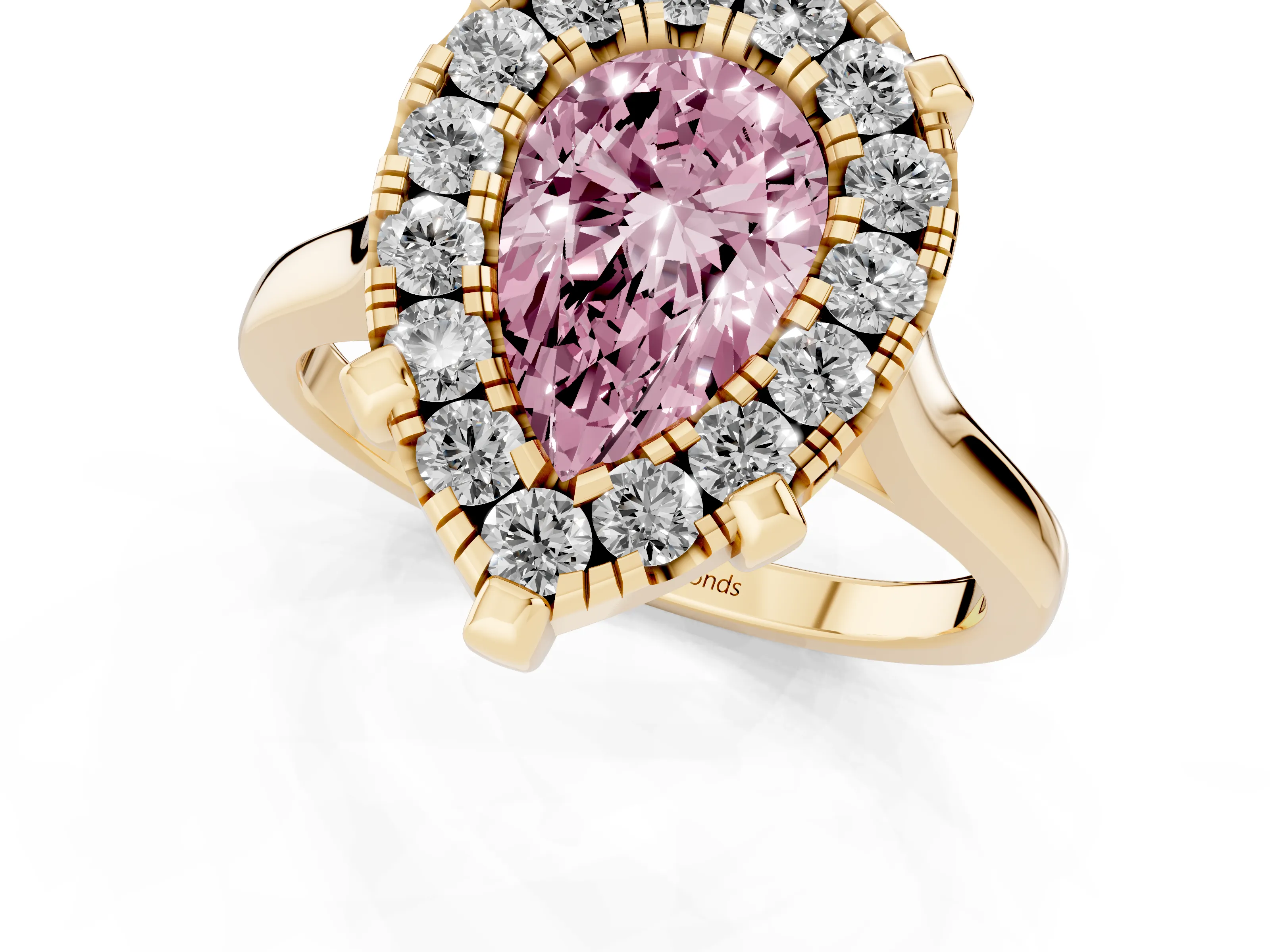 Fancy Pink Pear Cut Diamond Cluster Halo Solitaire Ring Set in Yellow gold with Prong Setting