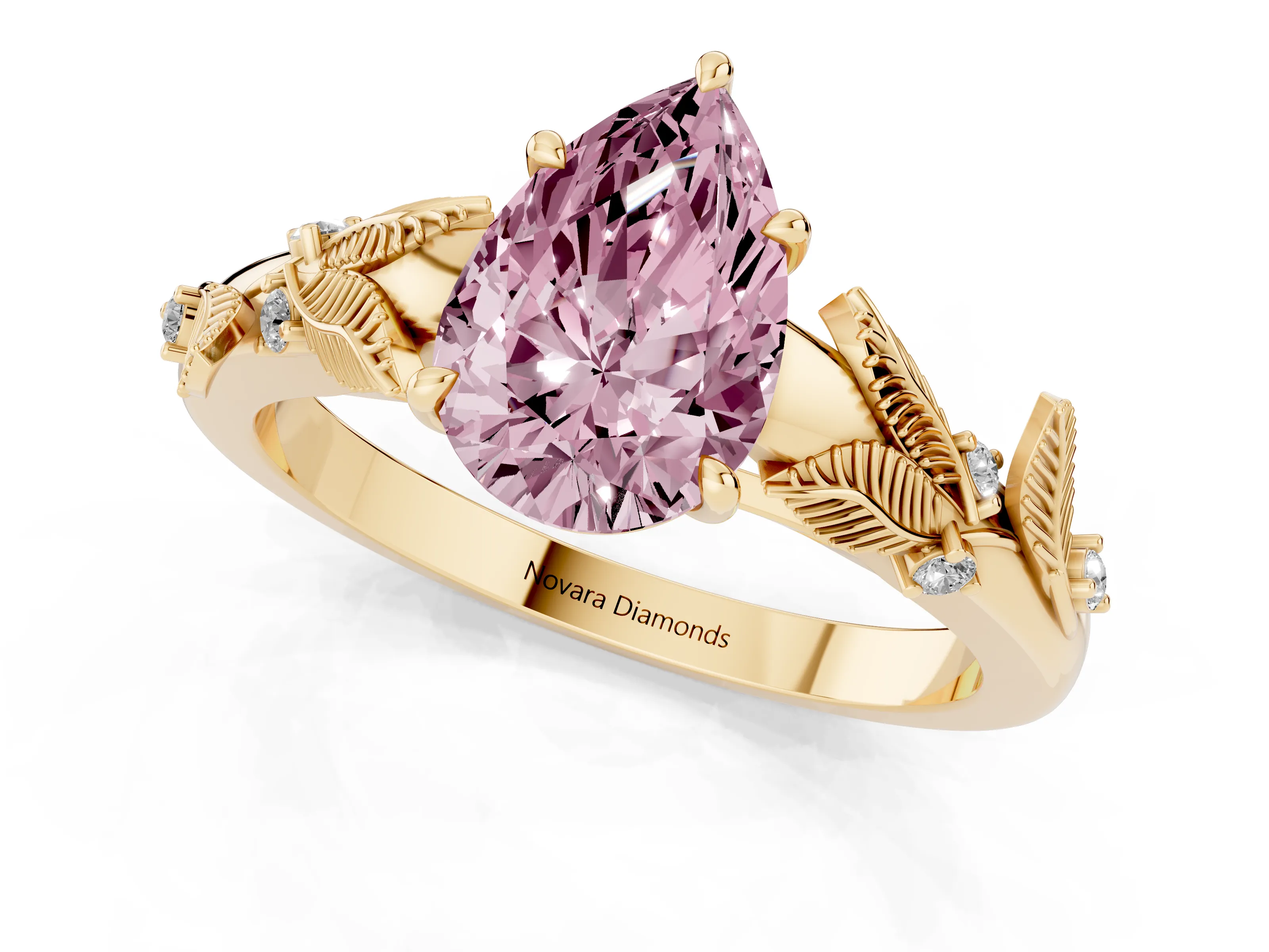 Fancy Pink Pear Cut Diamond Solitaire Ring Set in Yellow gold with Leaf Motif Band