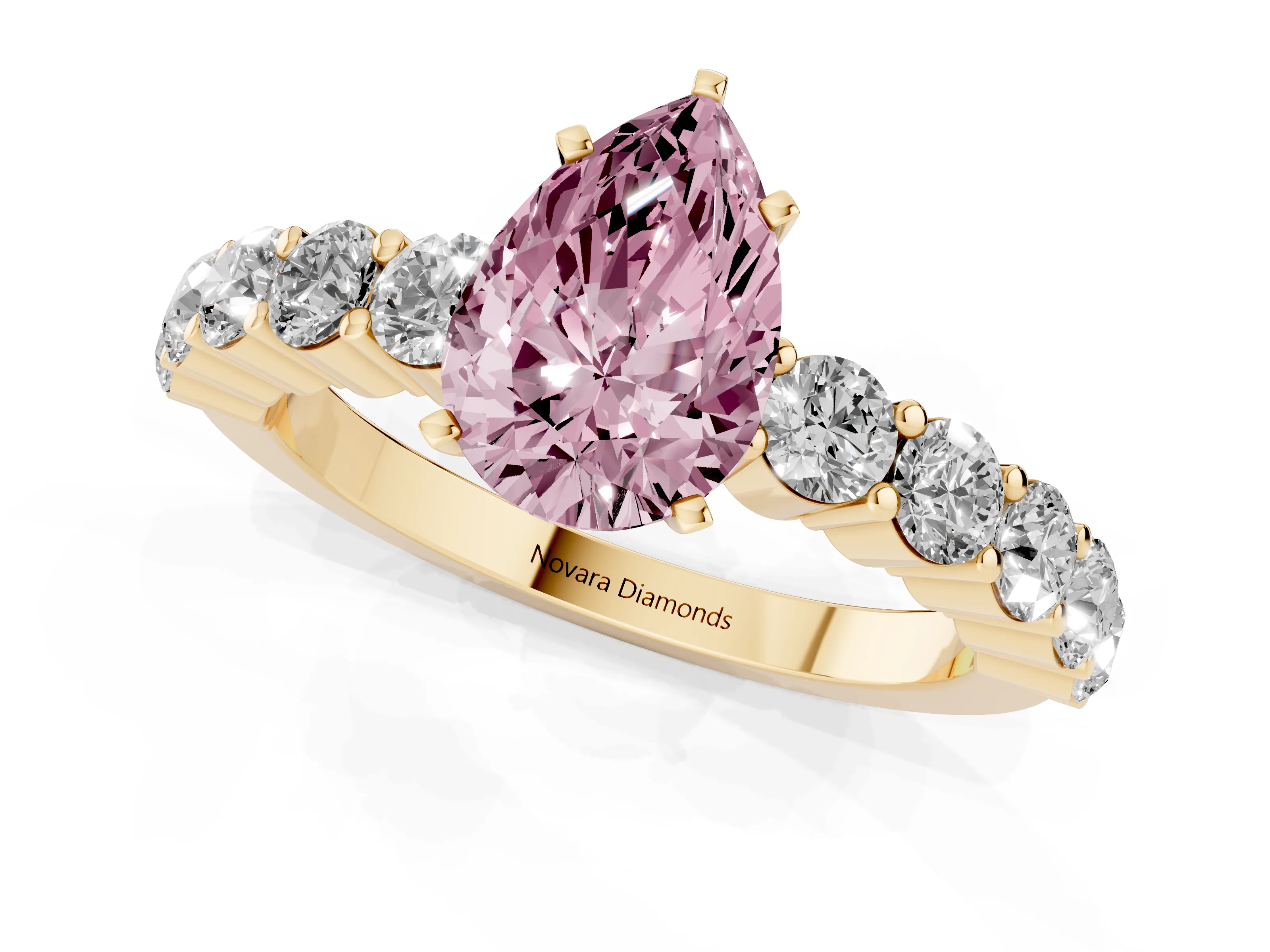 Fancy Pink Pear Cut Diamond Solitaire Ring Set in Yellow gold with Shared Prong Round Side Stones
