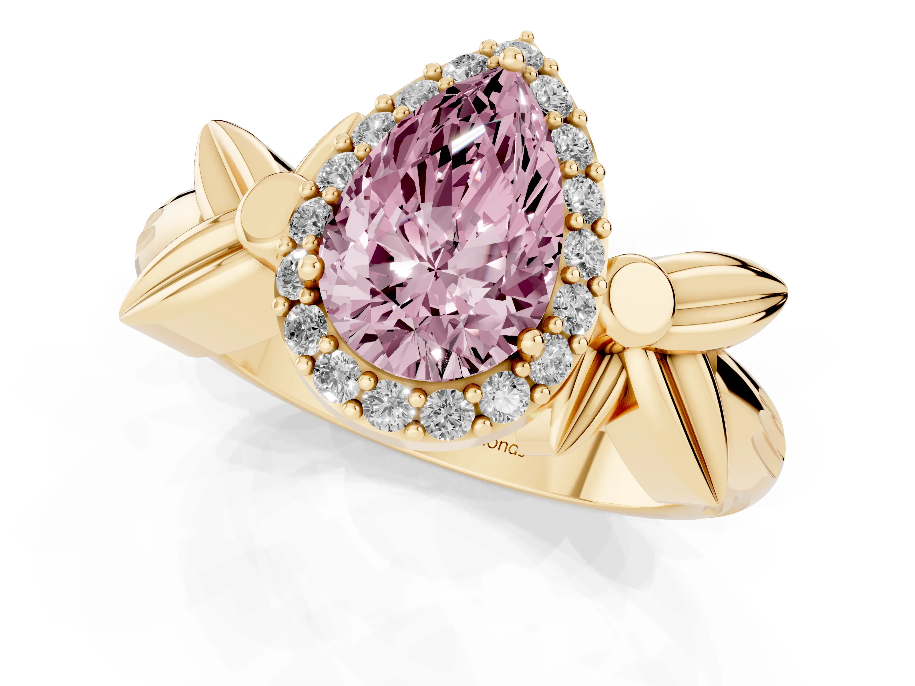 Fancy Pink Pear Cut Diamond Halo Floral Band Ring Set in Yellow gold with Prong Setting