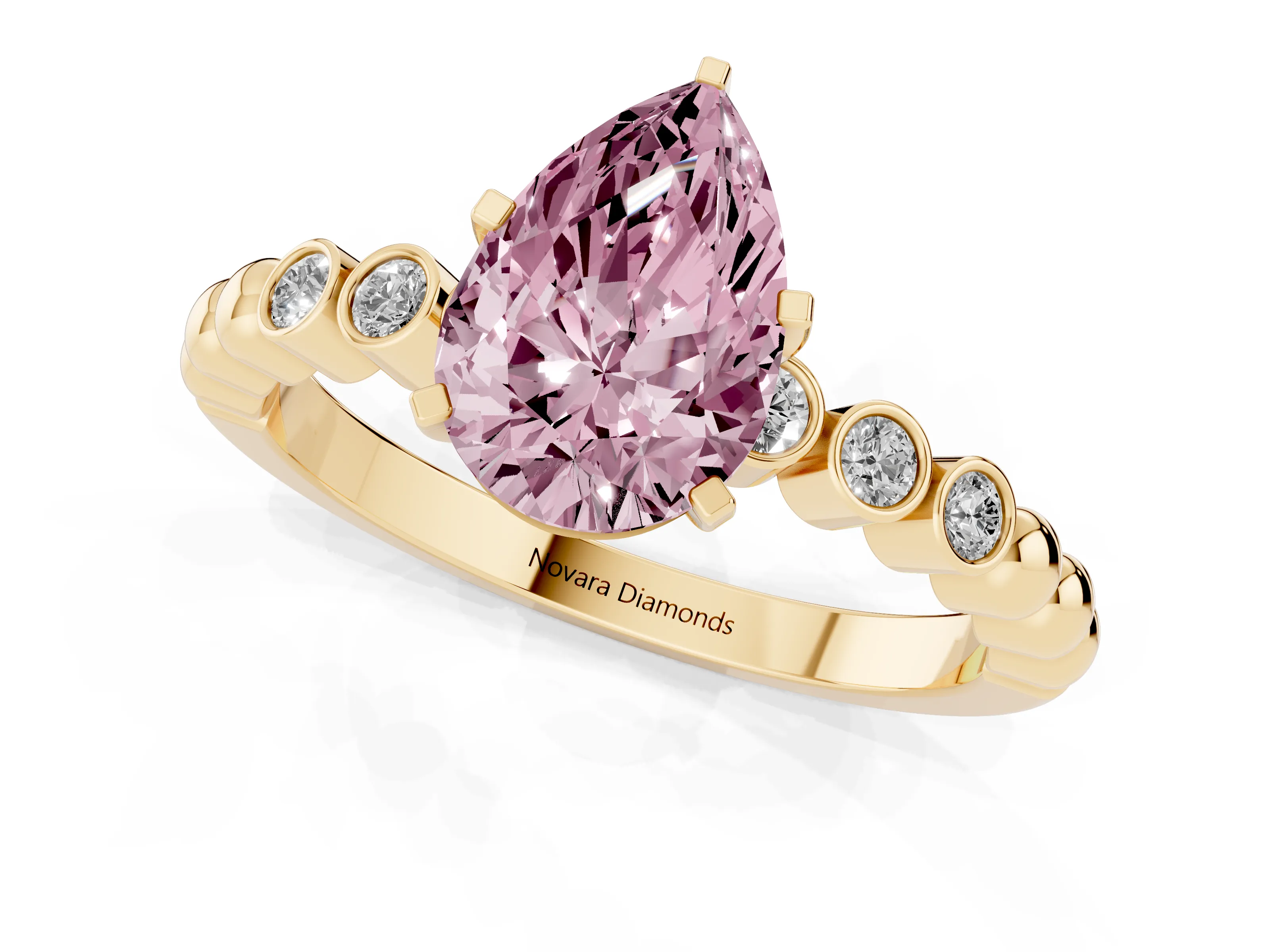 Fancy Pink Pear Cut Diamond Solitaire Engagement Ring Set in Yellow gold with Bezel Accents on Beaded Band – second view