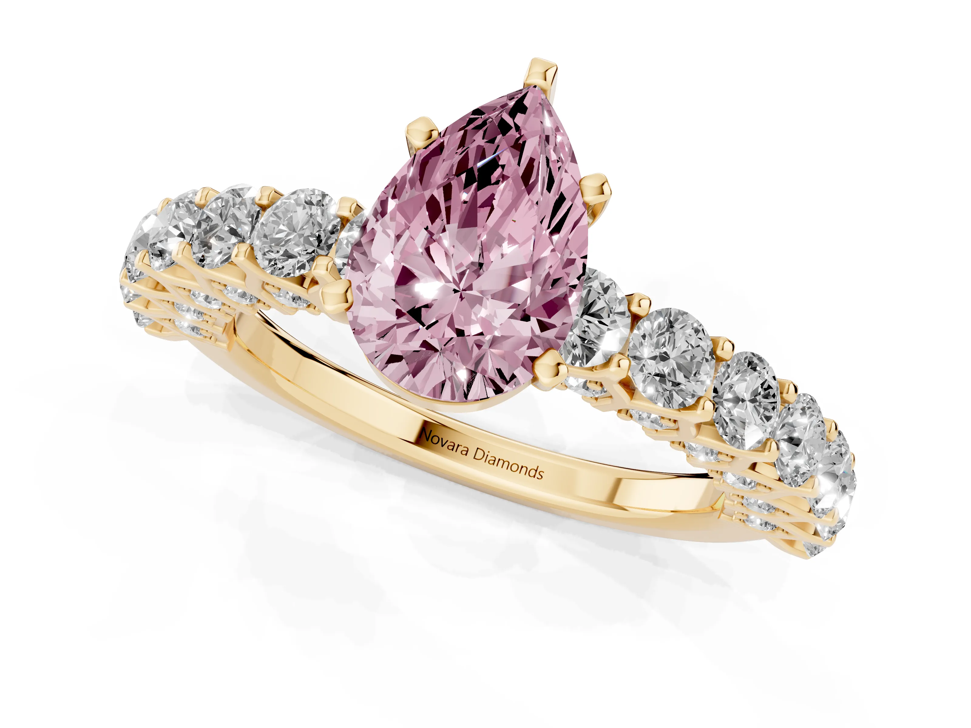 Fancy Pink Pear Cut Diamond Solitaire Ring Set in Yellow gold with Shared Prong Pavé Band