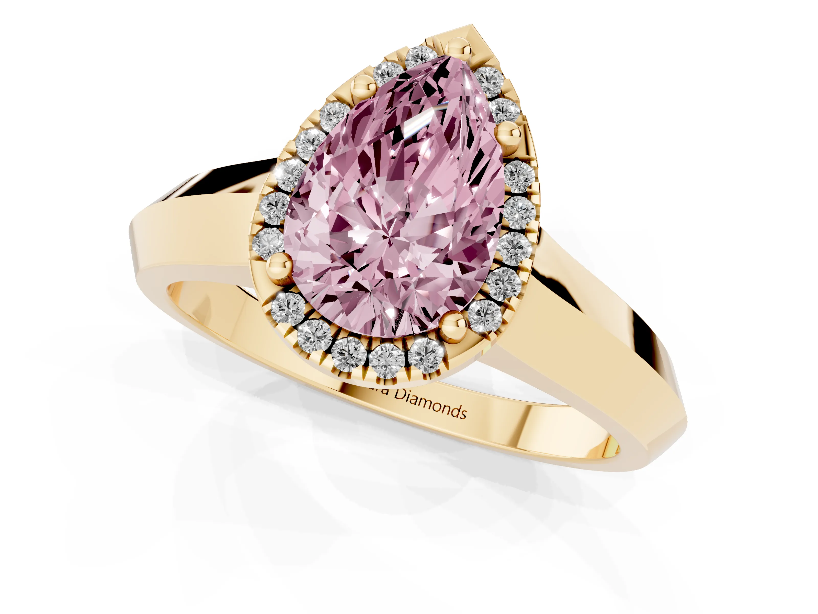 Fancy Pink Pear Cut Diamond Halo Ring Set in Yellow gold with Cathedral Band and Prong Setting