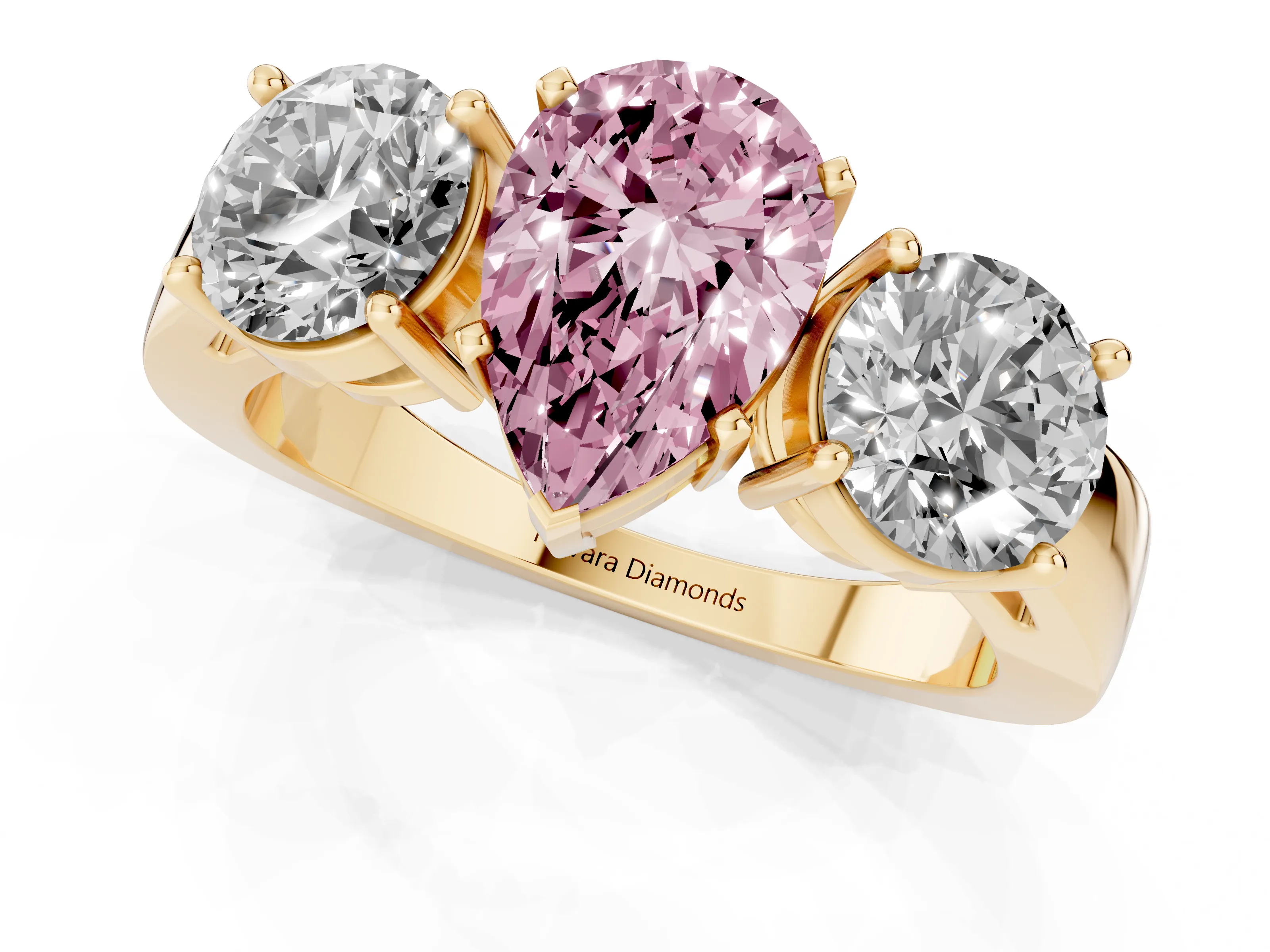 Fancy Pink Pear Cut Diamond Three-Stone Ring Set in Yellow gold with Round Side Stones and Classic Band – second view