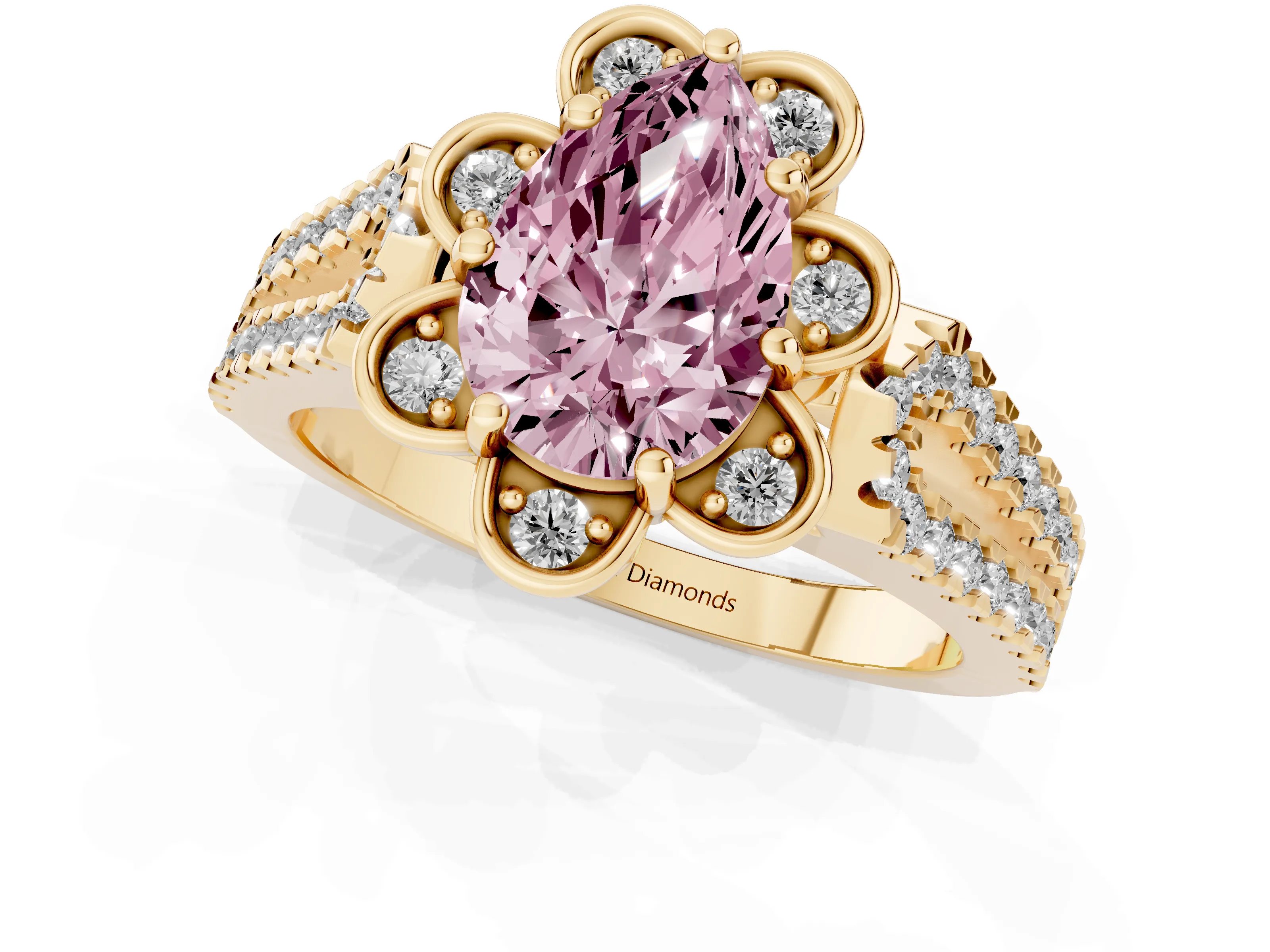 Fancy Pink Pear Cut Diamond Floral Halo Split Shank Engagement Ring Set in Yellow gold with Pavé Shank