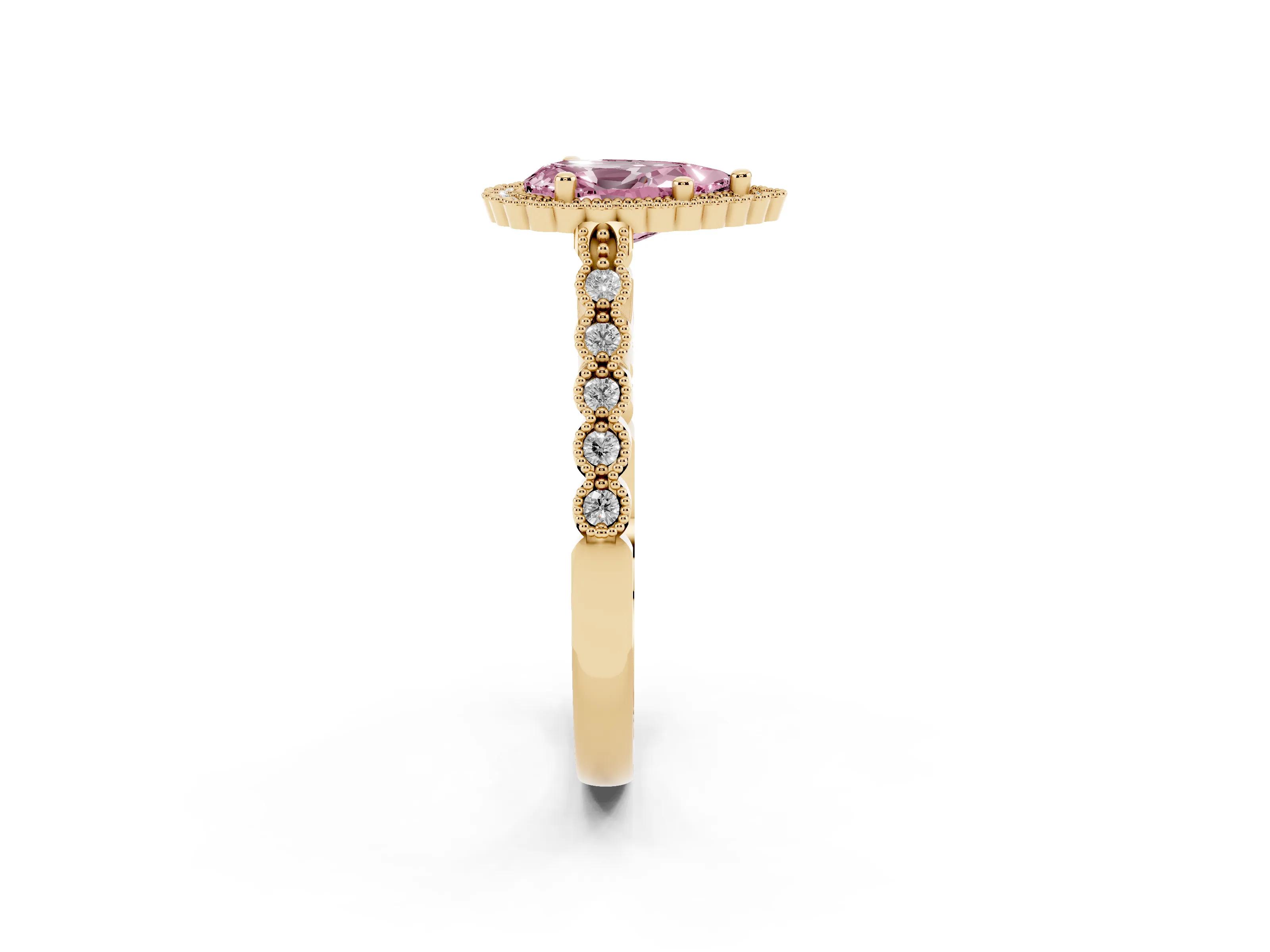 Fancy Pink Pear Cut Diamond Halo Ring Set in Yellow gold with Pavé Milgrain Band