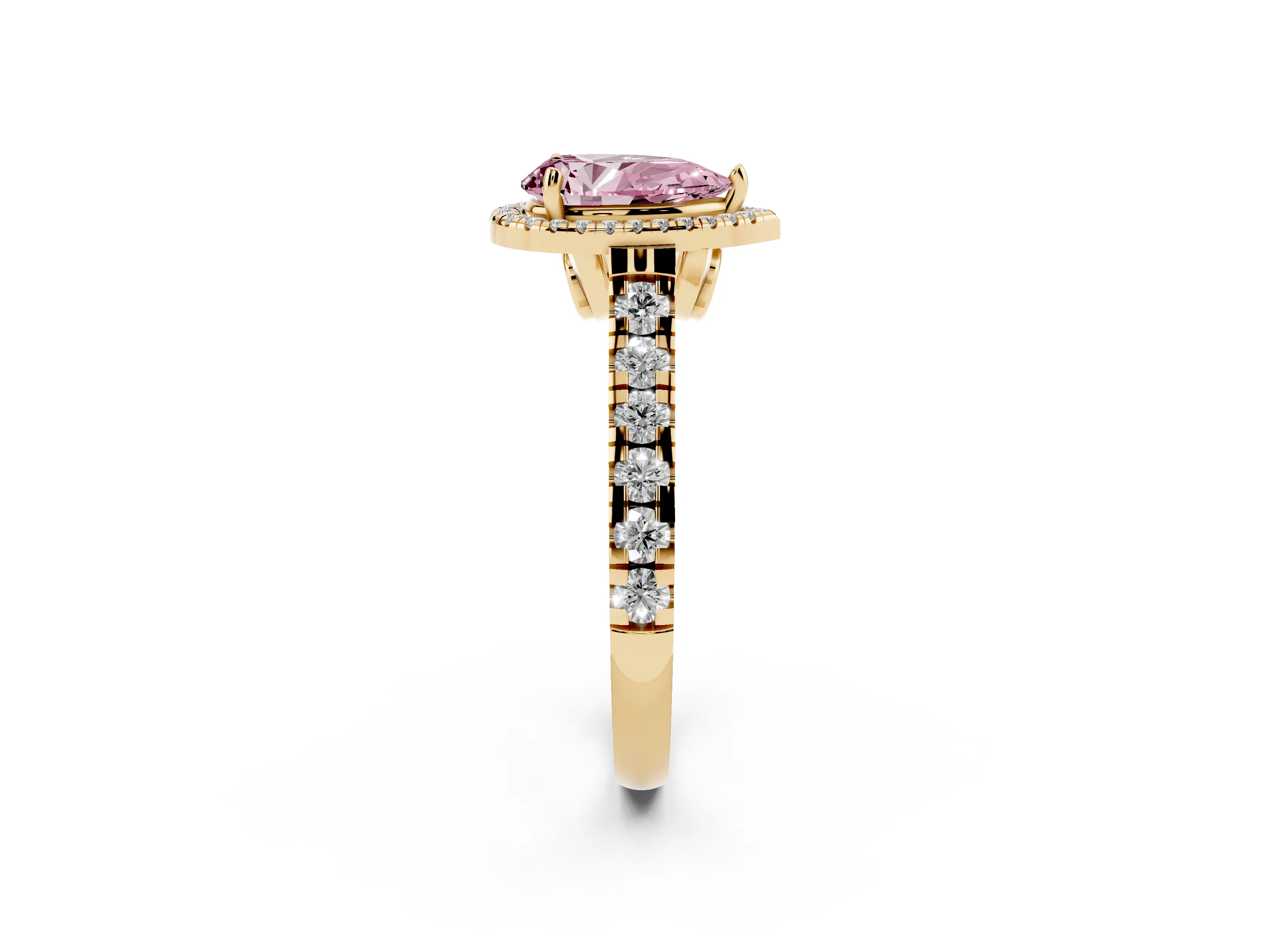 Fancy Pink Pear Cut Diamond Halo Engagement Ring Set in Yellow gold with Pavé Band and Prong-Set Center