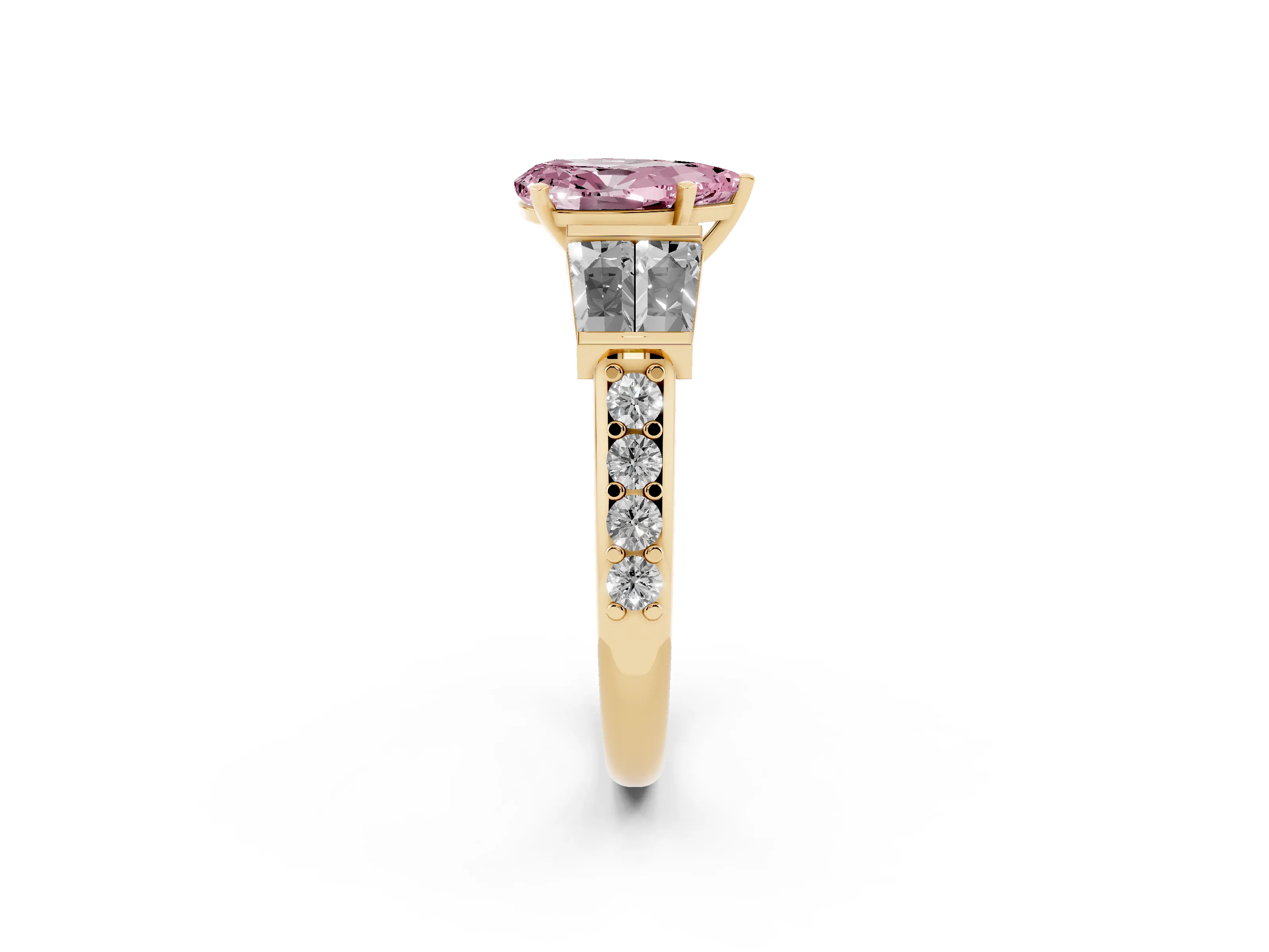 Fancy Pink Pear Cut Diamond Engagement Ring Set in Yellow gold with Baguette Side Stones and Channel Set Band